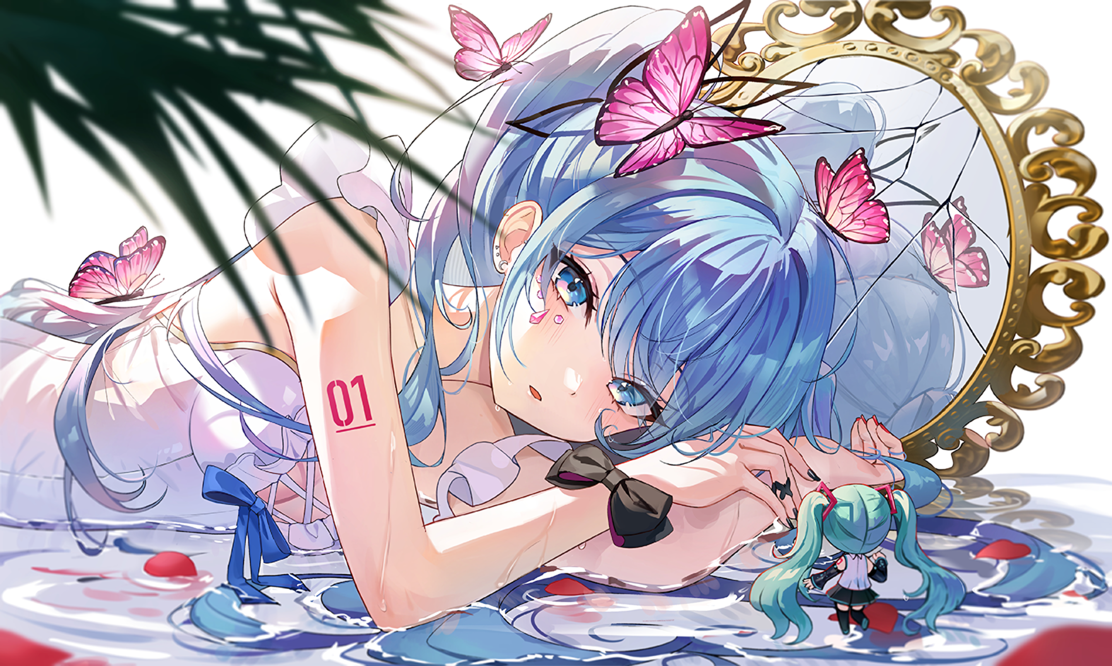 Anime 2282x1367 anime anime girls Hatsune Miku Vocaloid butterfly twintails lying on side water blue hair blue eyes looking at viewer mirror reflection blushing wet wet body petals bow tie