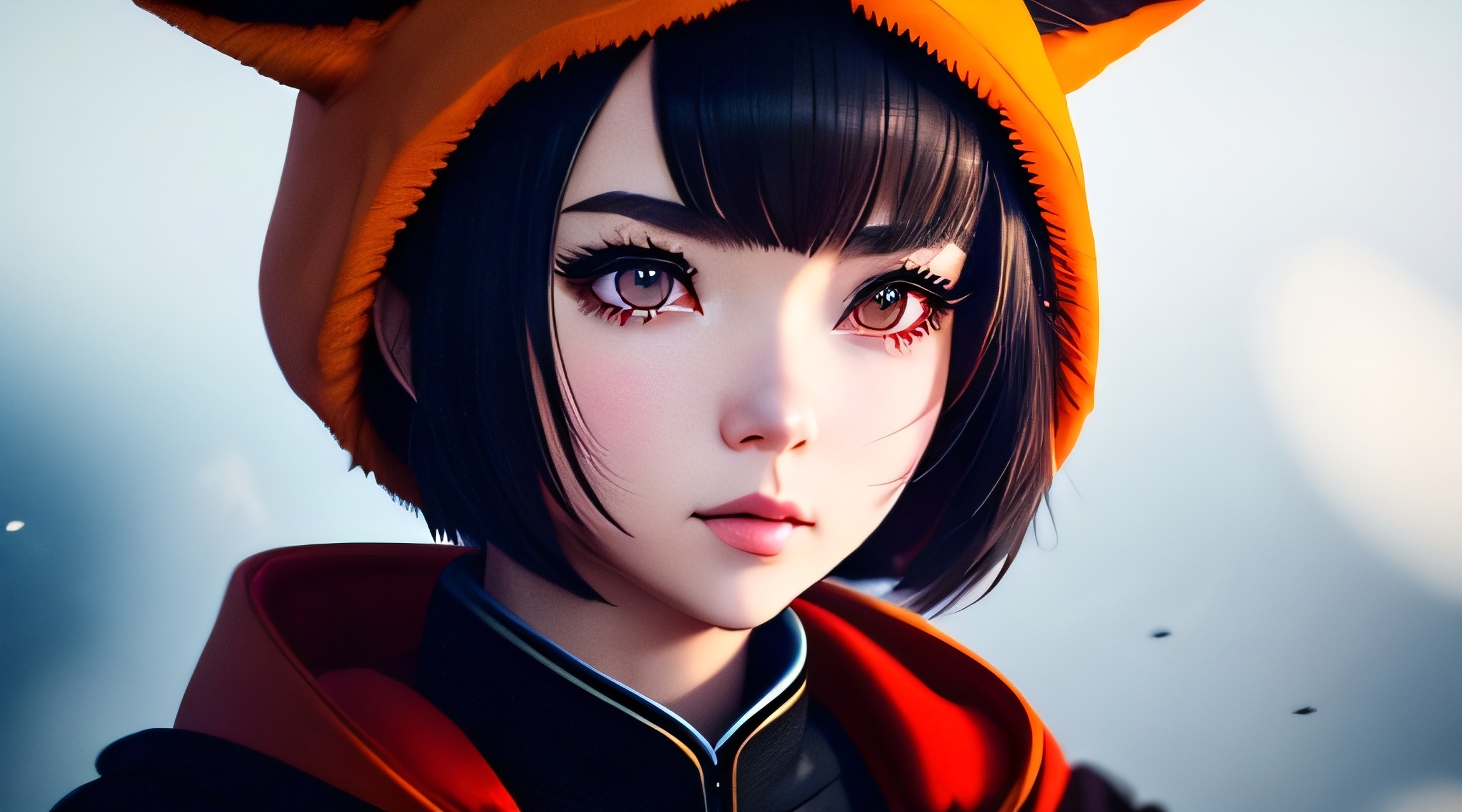 Anime 2304x1280 fox ears orange solo black hair brown eyes realistic anime girls AI art simple background short hair