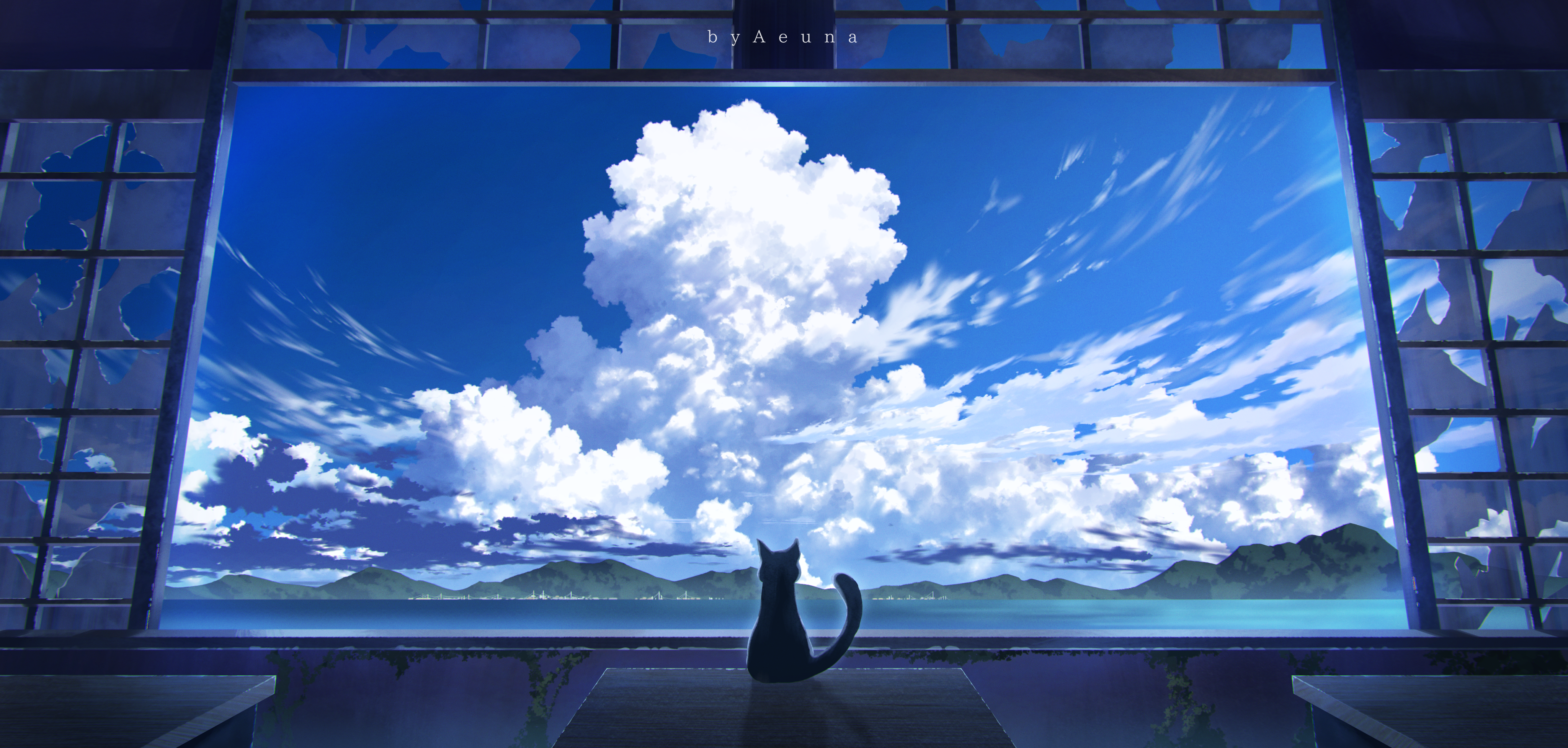 General 4096x1954 digital art artwork illustration window cats animals landscape clouds sea water mountains sky