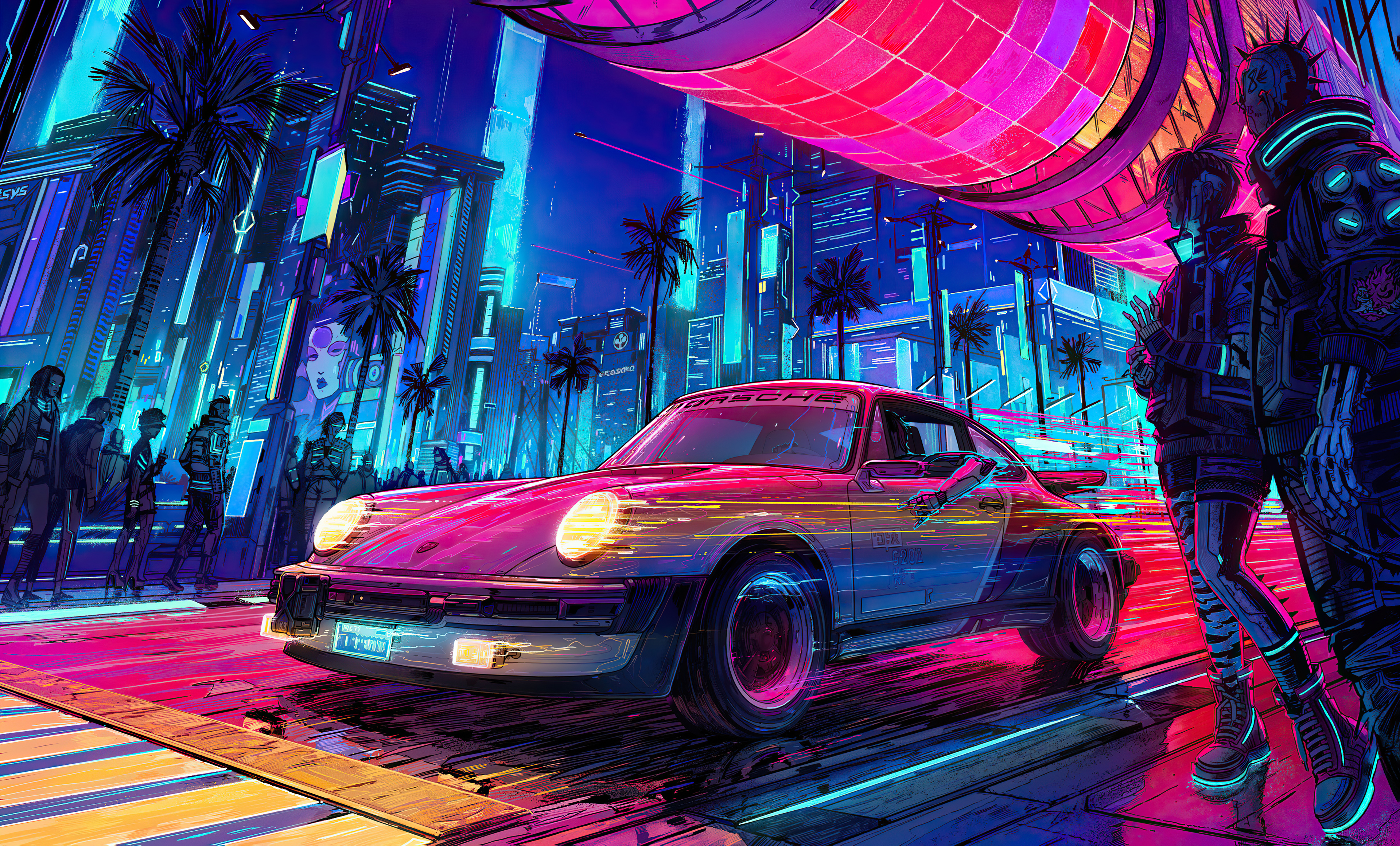 General 3840x2322 car cyberpunk road neon city building palm trees frontal view headlights digital art Cyberpunk 2077