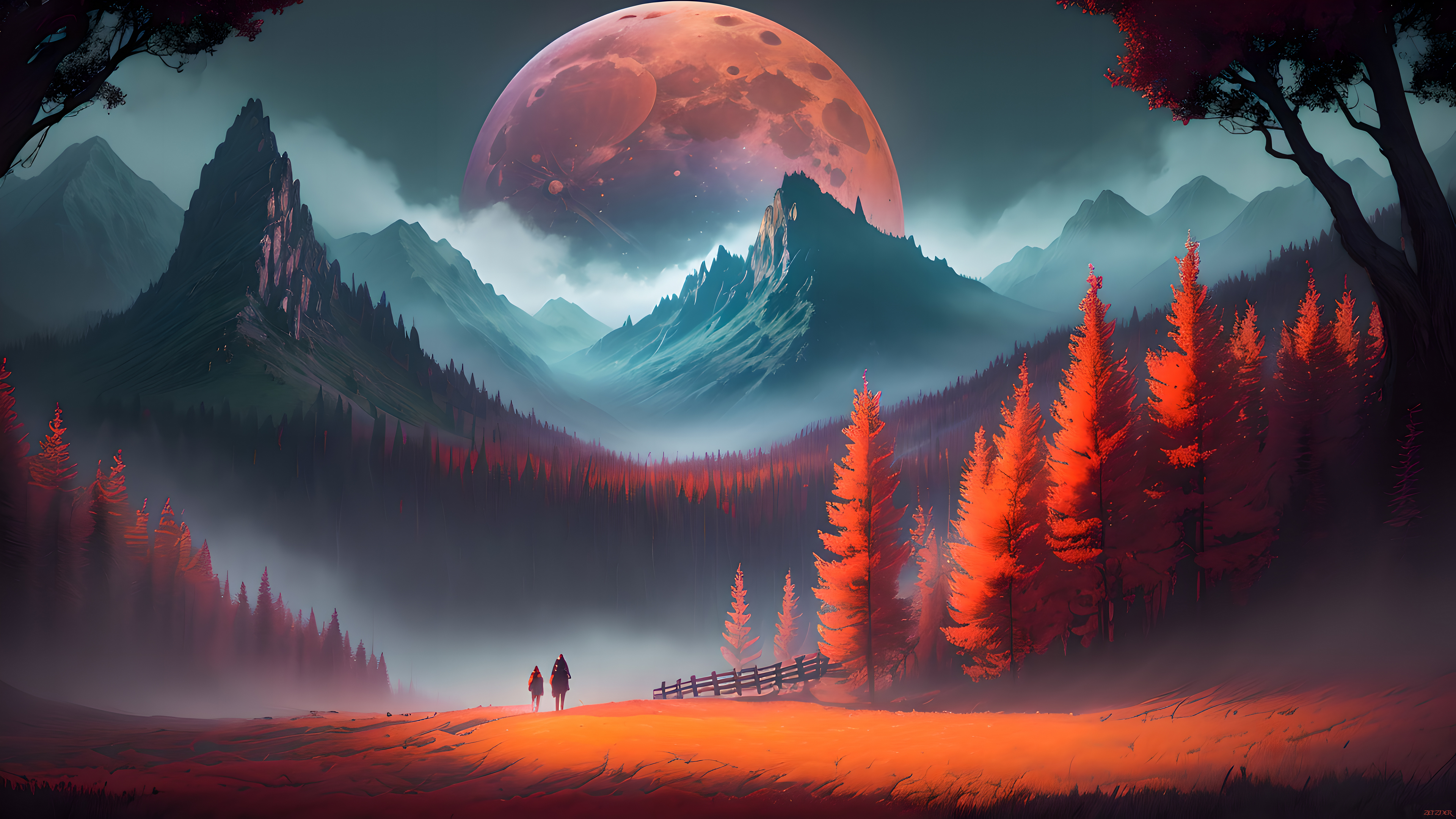 General 3840x2160 AI art nature landscape forest mountains Moon sky clouds trees
