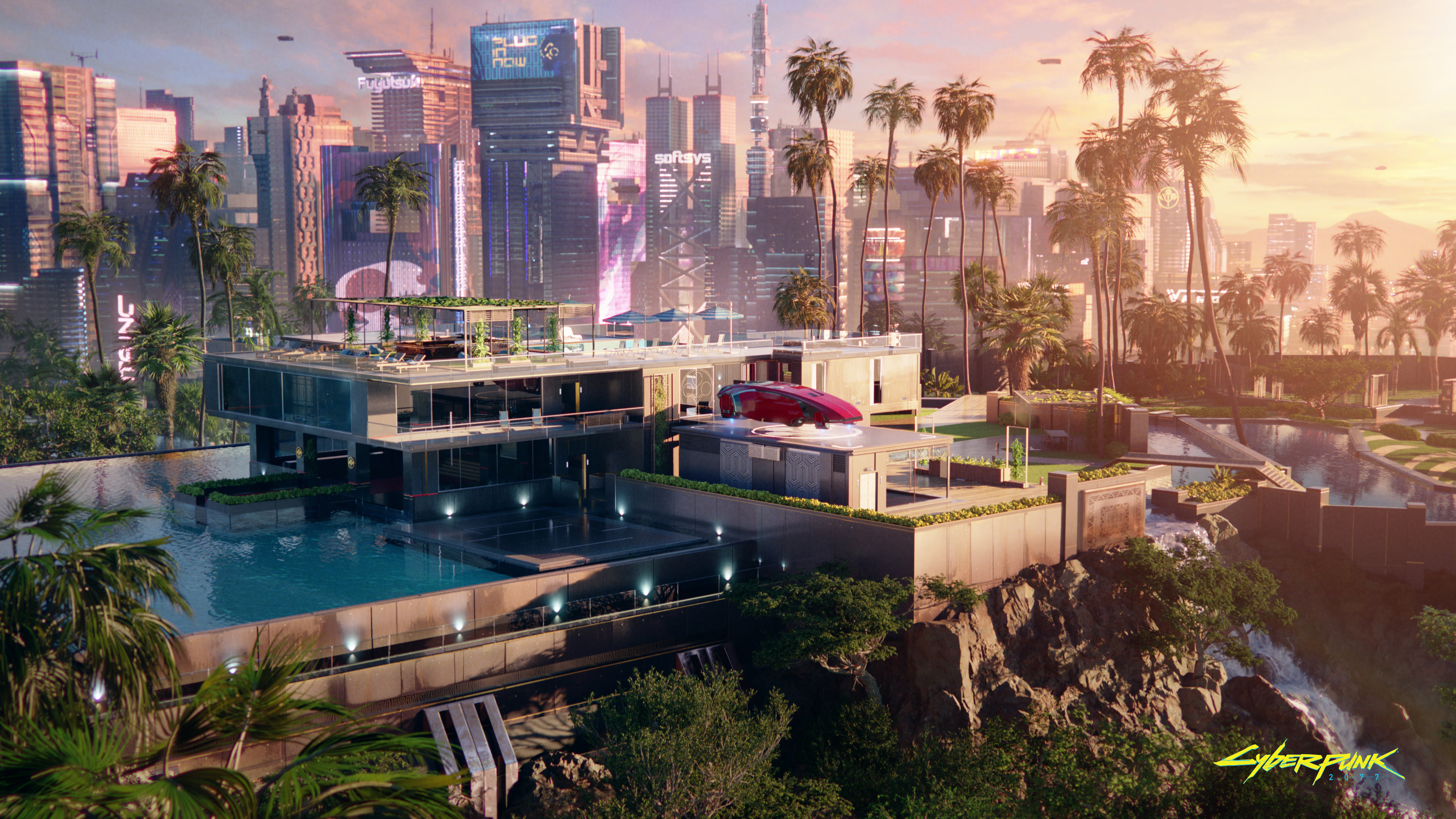 General 3840x2160 video games palm trees video game art water building city sunset sunset glow sunlight futuristic