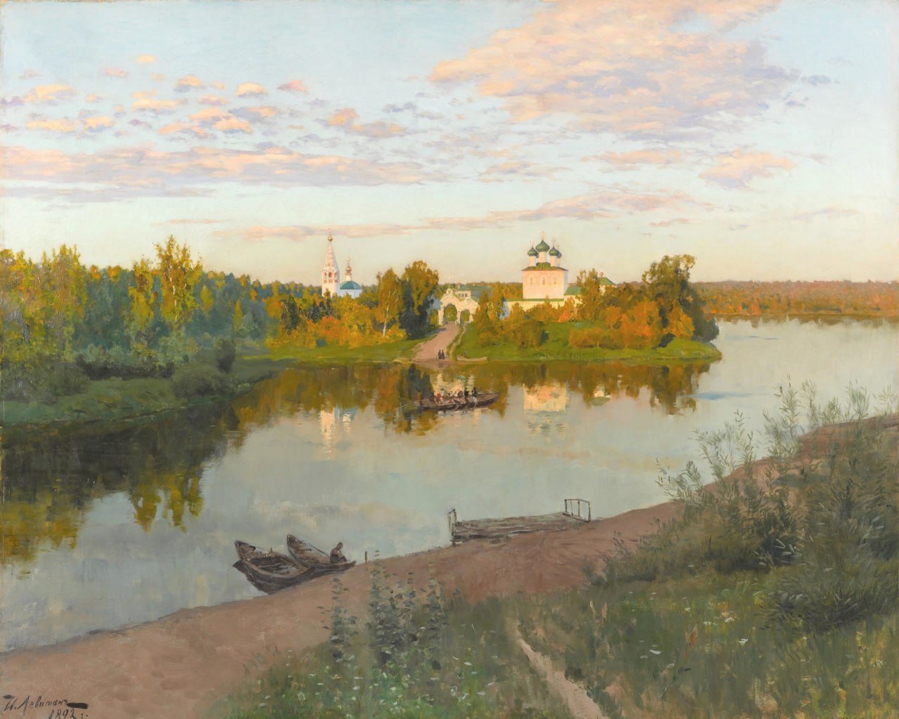 General 1280x1024 Isaac Ilyich Levitan traditional art artwork clouds sky water reflection trees boat flowers
