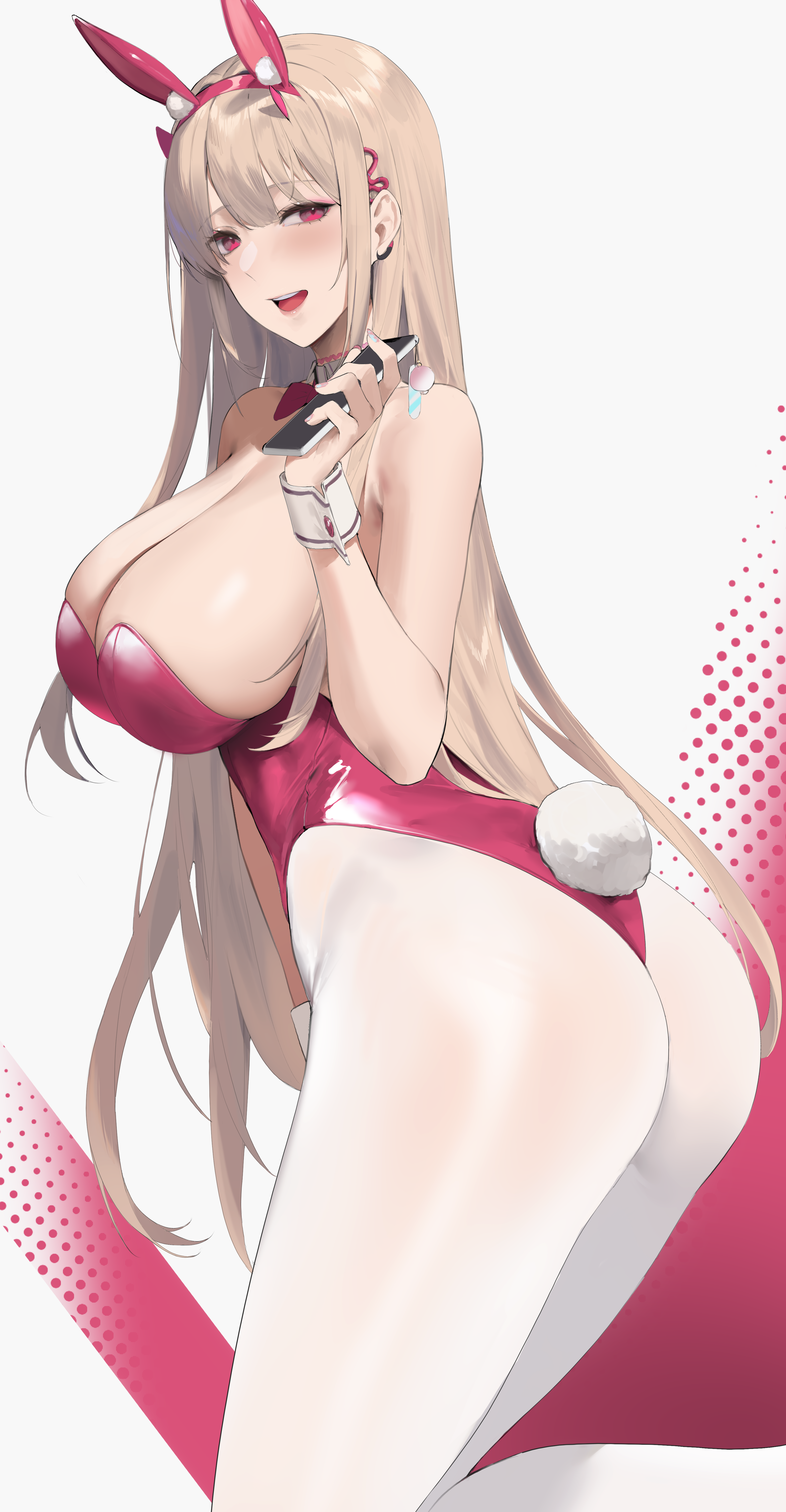 Anime 3191x6140 Nikke: The Goddess of Victory AliosArvin anime girls bunny suit bunny girl huge breasts red leotard leotard looking at viewer pantyhose long hair blonde animal ears blushing red eyes bunny tail smartphone portrait display ass simple background Viper (Nikke: The Goddess Of Victory) thick thigh smiling open mouth bunny ears