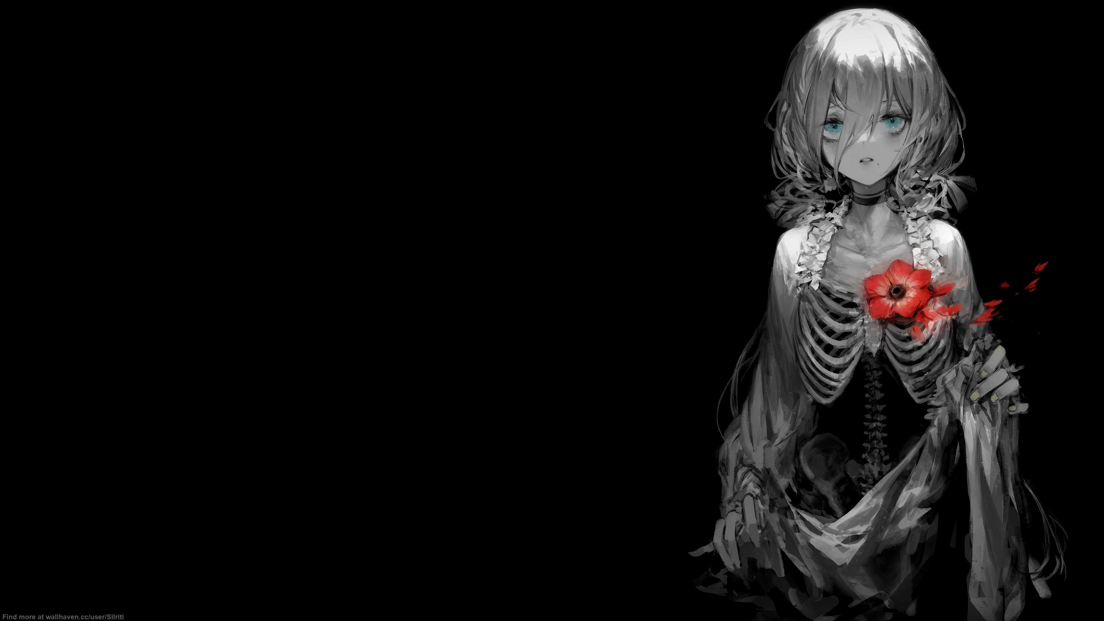 Anime 3840x2160 selective coloring black background dark background simple background anime girls minimalism ribs bones flowers petals looking at viewer choker moles mole under mouth