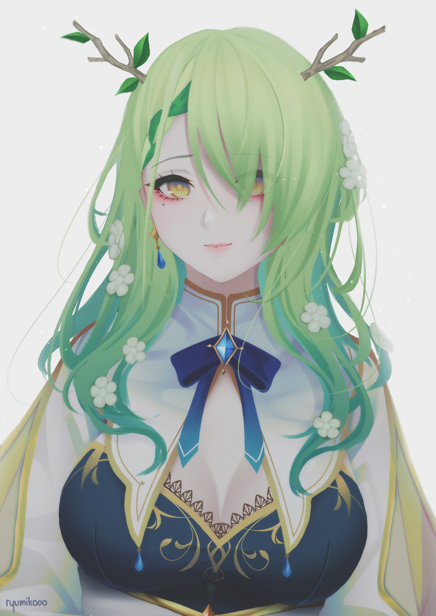 Anime 1414x2000 ryumiko white background minimalism Hololive Ceres Fauna green hair green eyes cleavage Hololive English anime girls portrait display bow tie moles mole under eye flower in hair simple background Virtual Youtuber