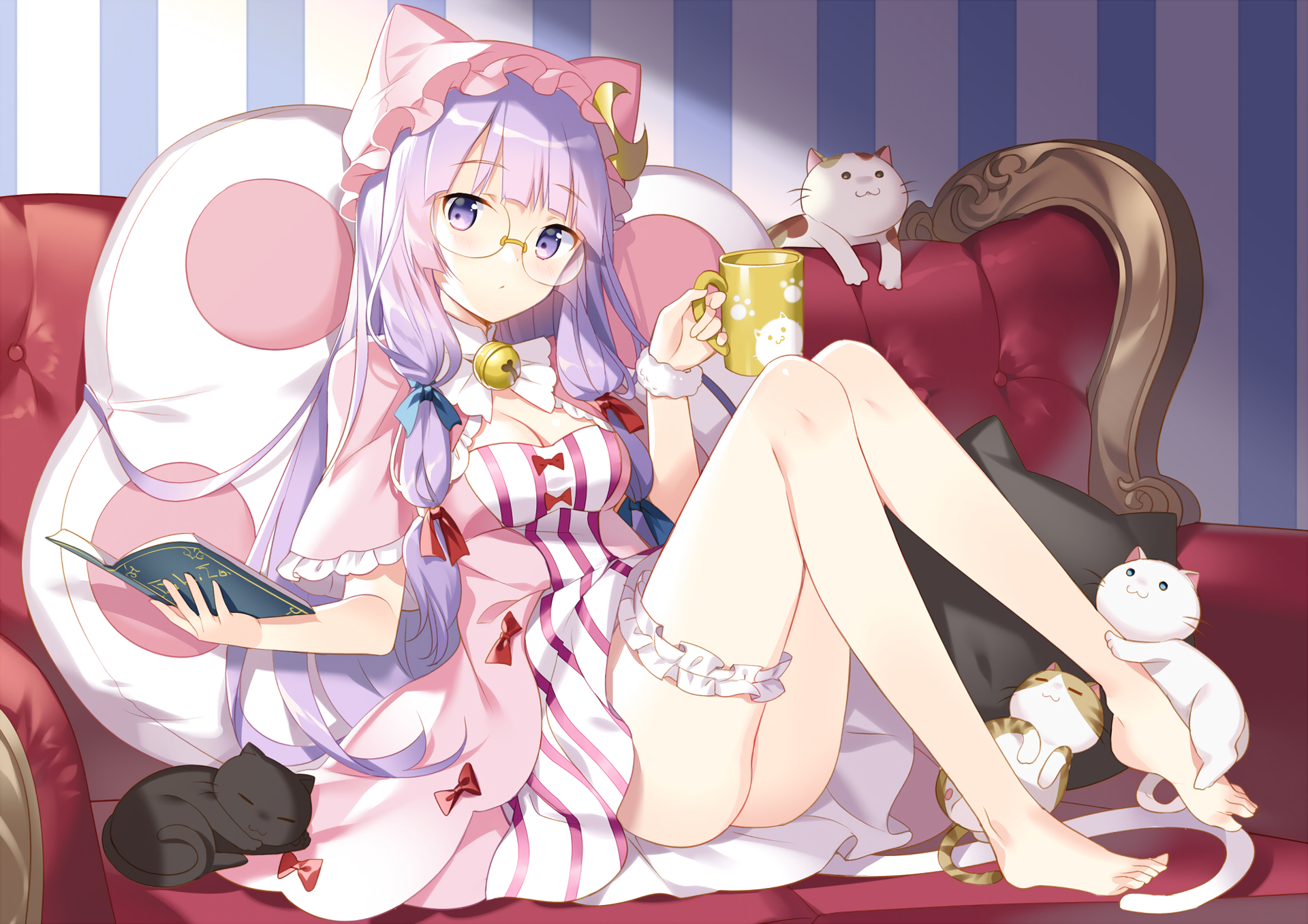 Anime 1920x1357 anime anime girls Touhou glasses Patchouli Knowledge purple eyes purple hair cat girl cat ears cat tail cats books animals
