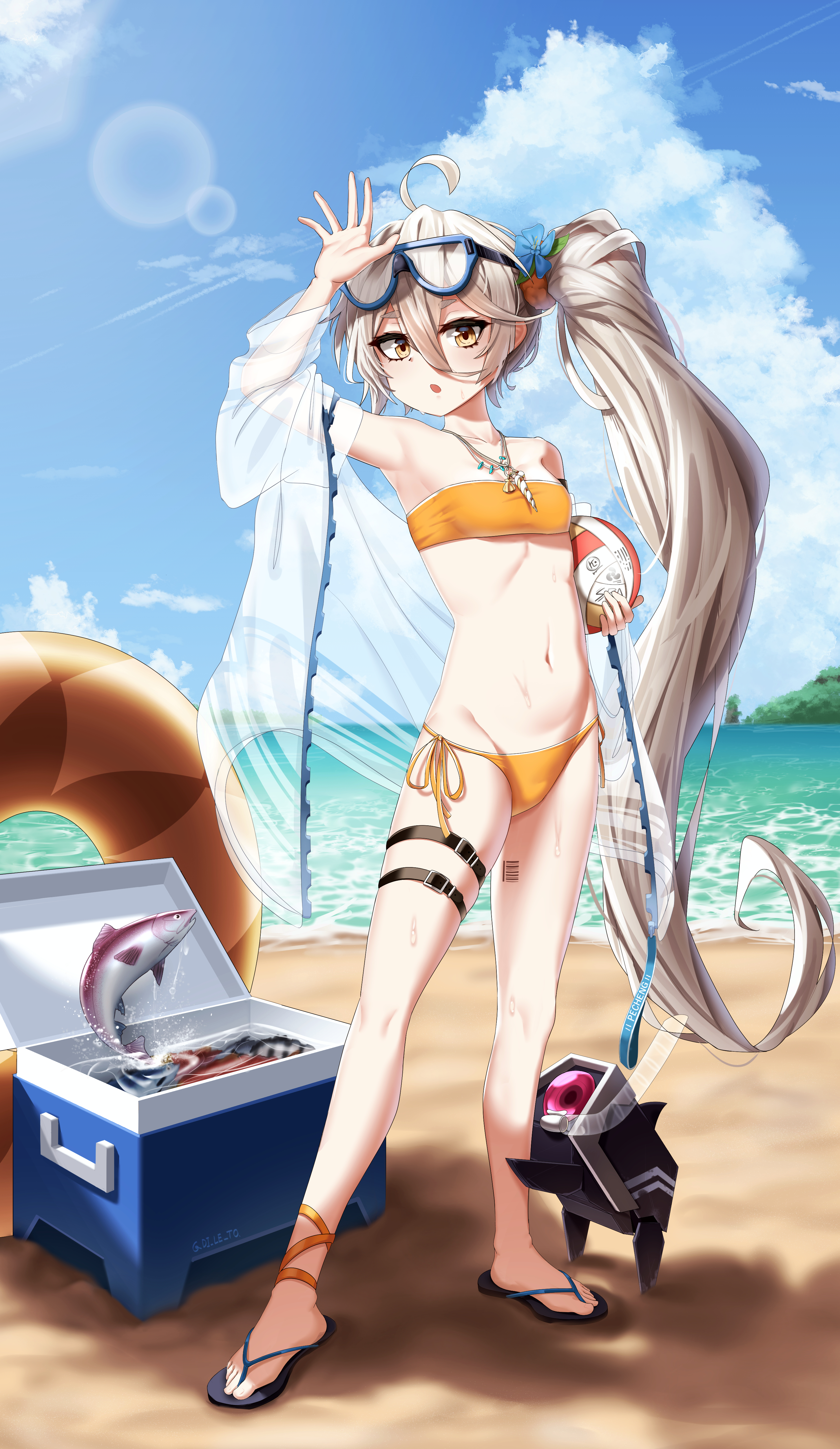 Anime 2900x5000 Girls Frontline bikini anime girls ponytail small boobs sunglasses Sunny clouds fish beach water