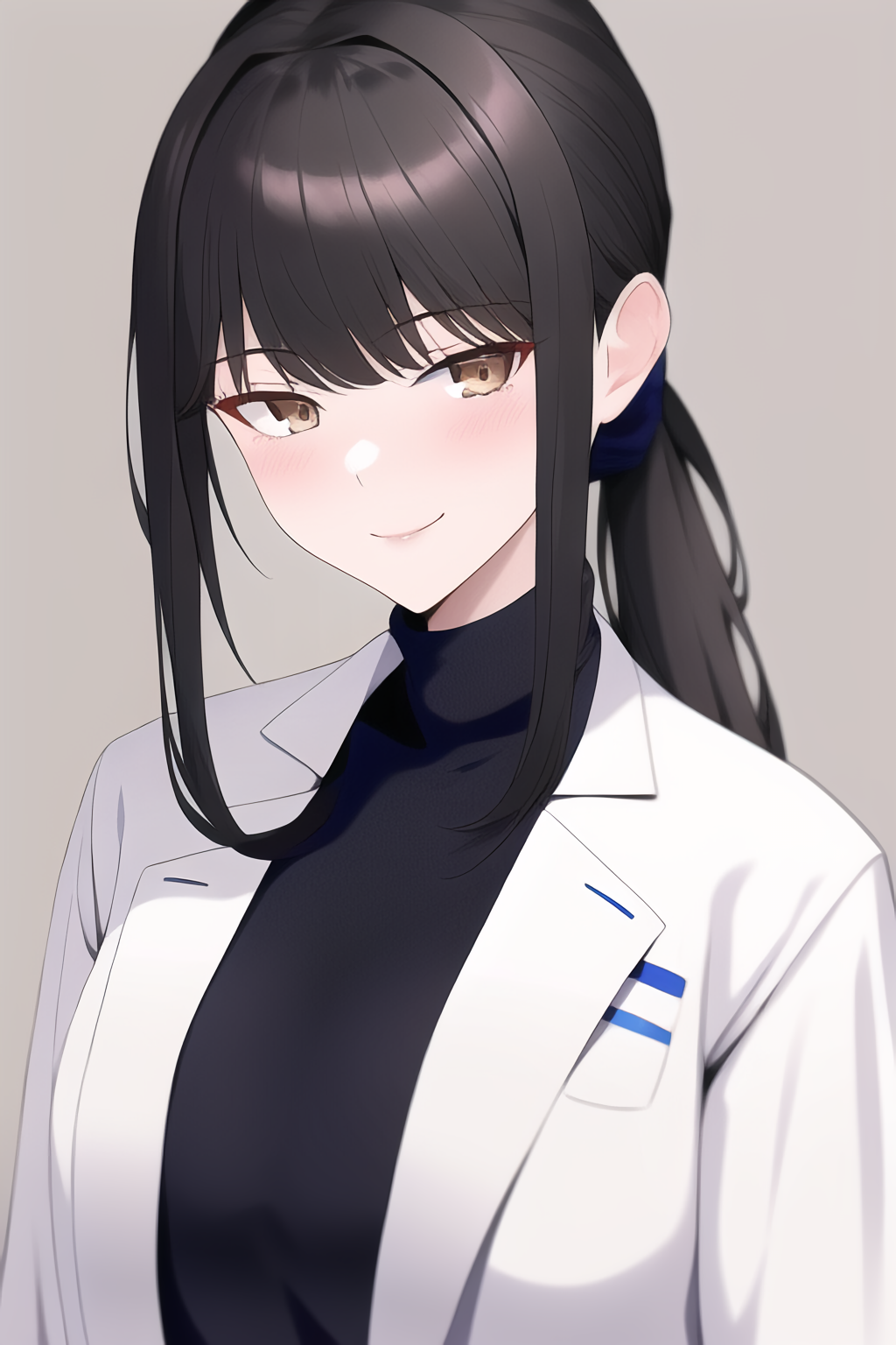 Anime 1024x1536 anime girls black hair ponytail brown eyes smiling white coat turtlenecks AI art portrait