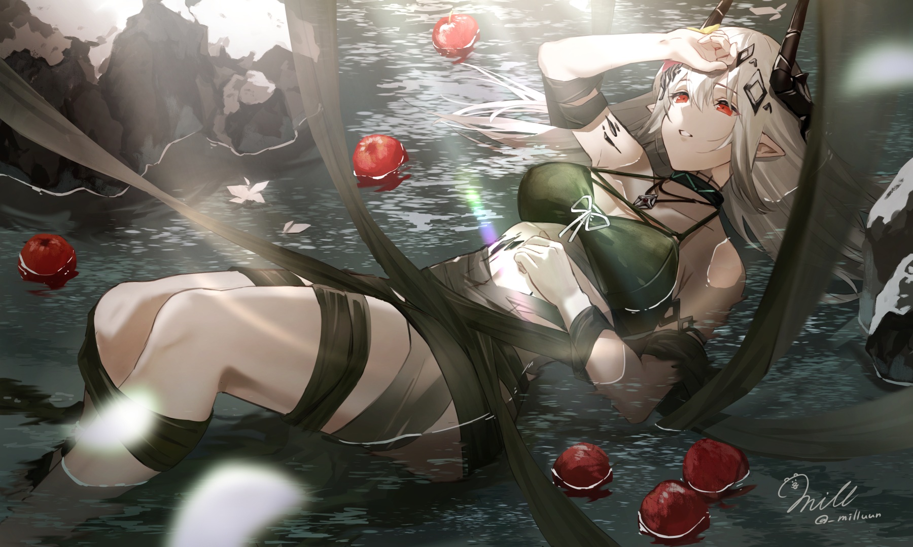 Anime 1800x1080 anime anime girls water pointy ears red eyes horns white hair apples fruit Mudrock (Arknights)