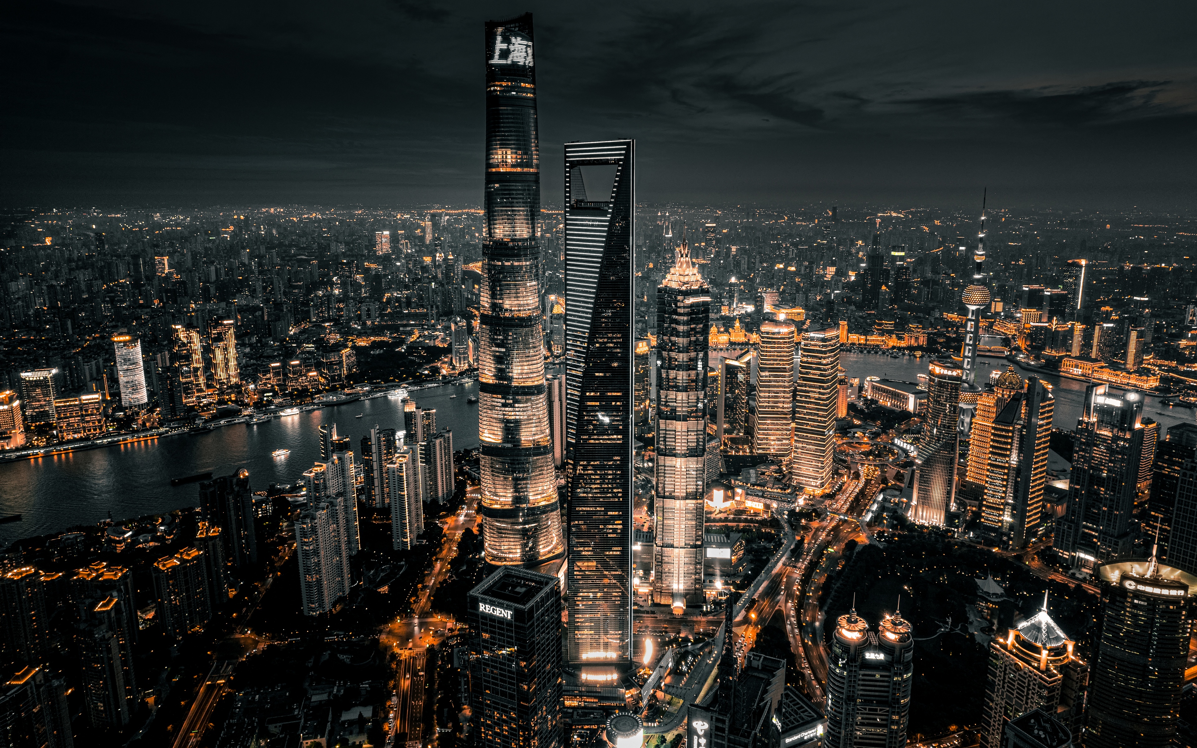 General 3840x2400 city night lights skyscraper architecture landscape Shanghai China