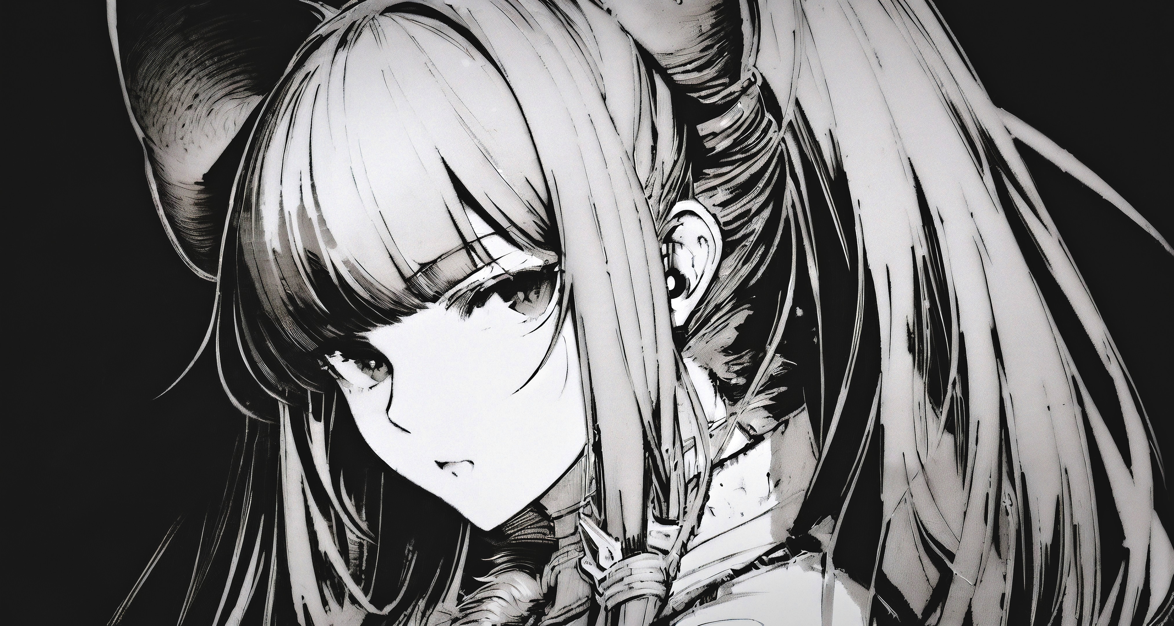 Anime 4050x2160 women AI art anime girls monochrome looking at viewer face Stable Diffusion