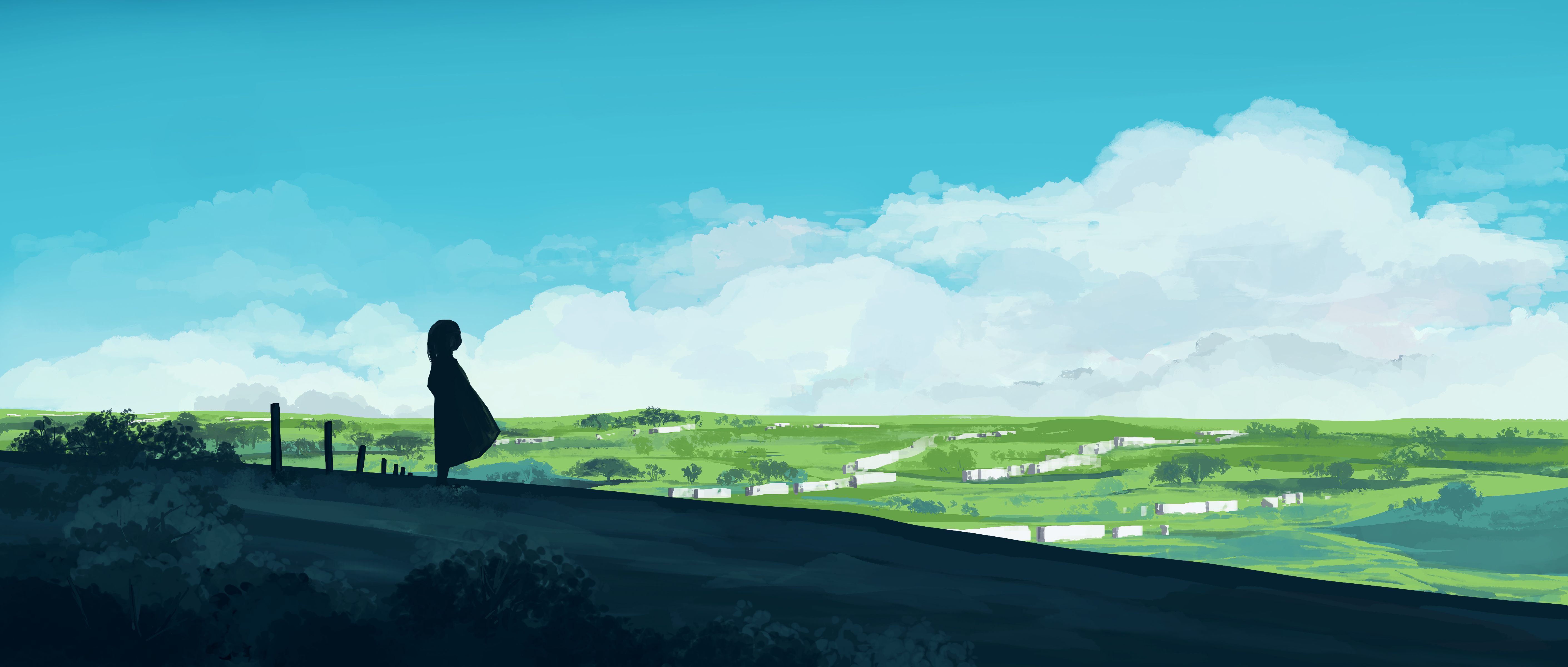 anime girls, anime sky, clouds, field, horizon, silhouette, village |  5640x2400 Wallpaper 