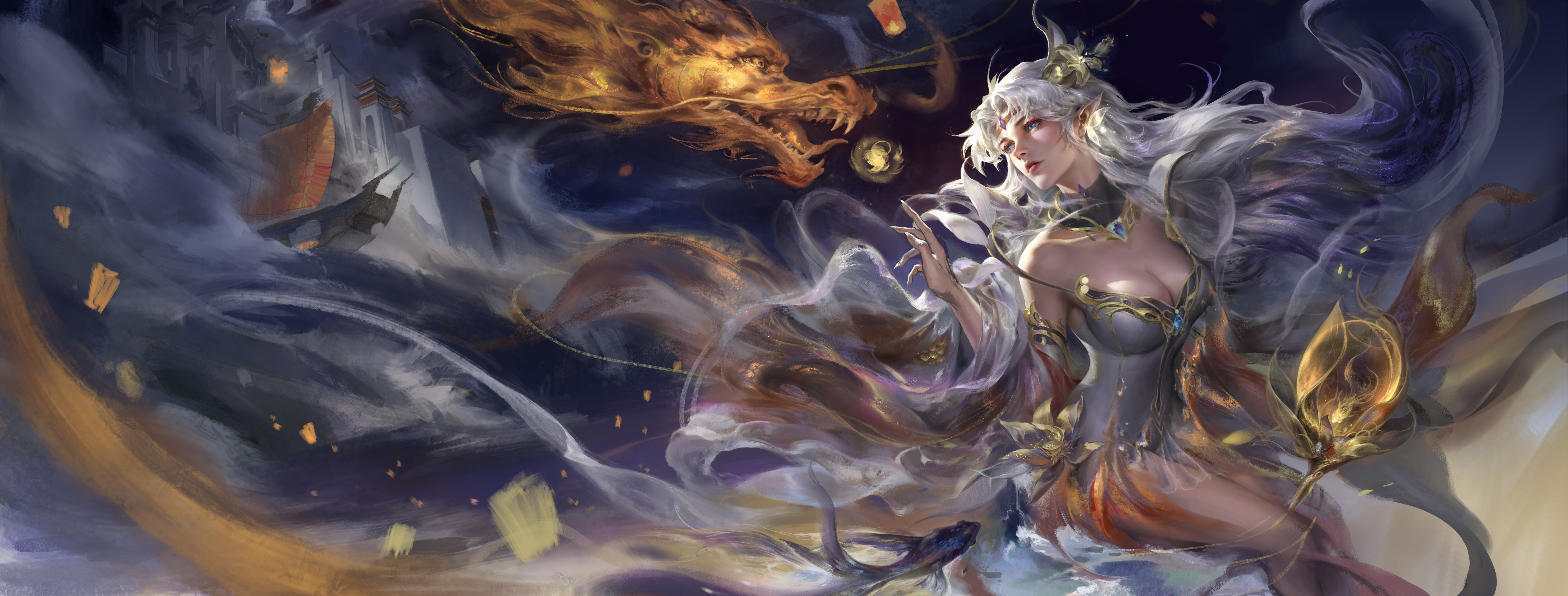 General 10000x3802 Rishengrisheng illustration fan art Honor of Kings video games Diao Chan Chinese dragon dragon fantasy art fantasy architecture fantasy girl pointy ears cleavage white hair leotard artwork