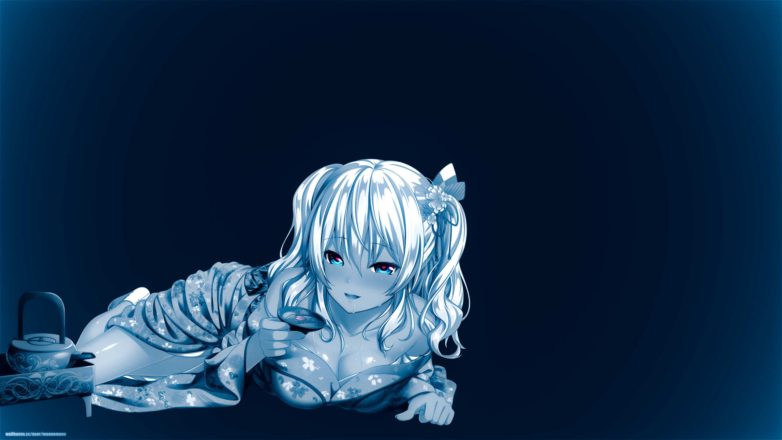 Anime 2560x1440 anime anime girls Kantai Collection Kashima (KanColle) heart eyes kimono cleavage boobs selective coloring suggestive open mouth sensual gaze lying on front simple background minimalism