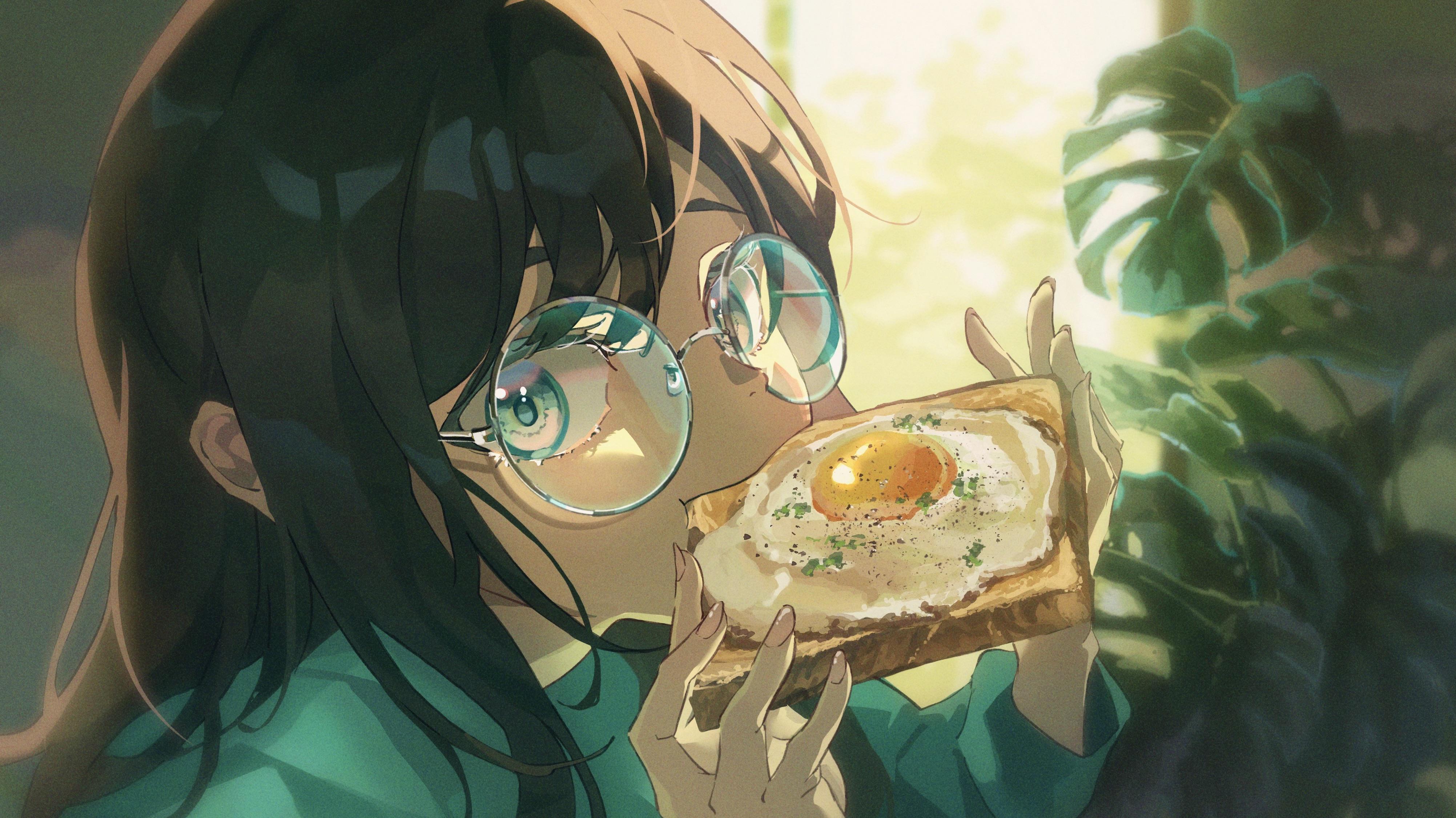 women with glasses, blue eyes, anime, anime girls, toast, anime girls  eating, eating, eggs, glasses, plants | 4006x2253 Wallpaper 