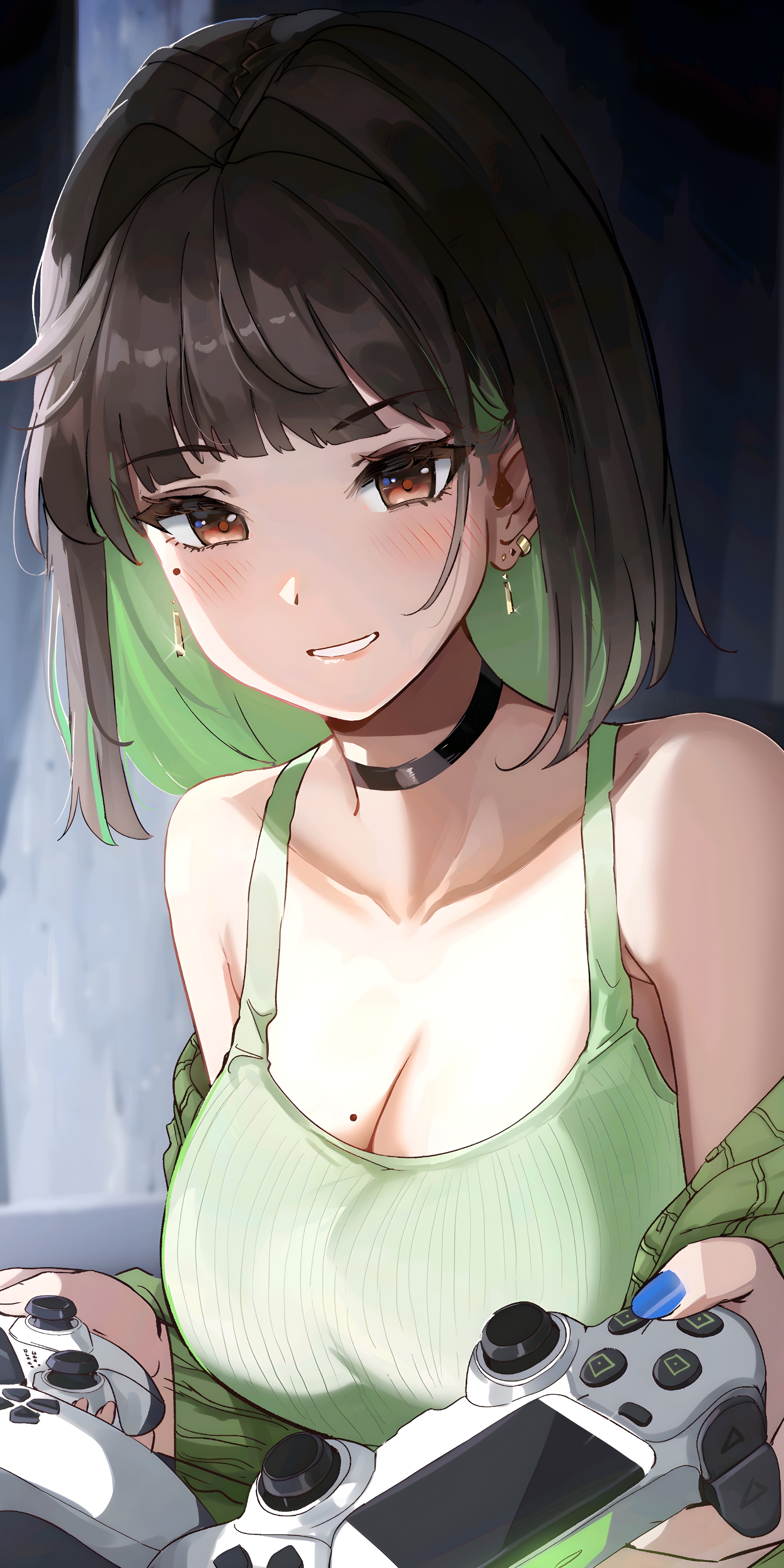 Anime 2400x4800 anime anime girls two tone hair brown eyes choker mole under eye green clothing moles mole on breast cleavage controllers