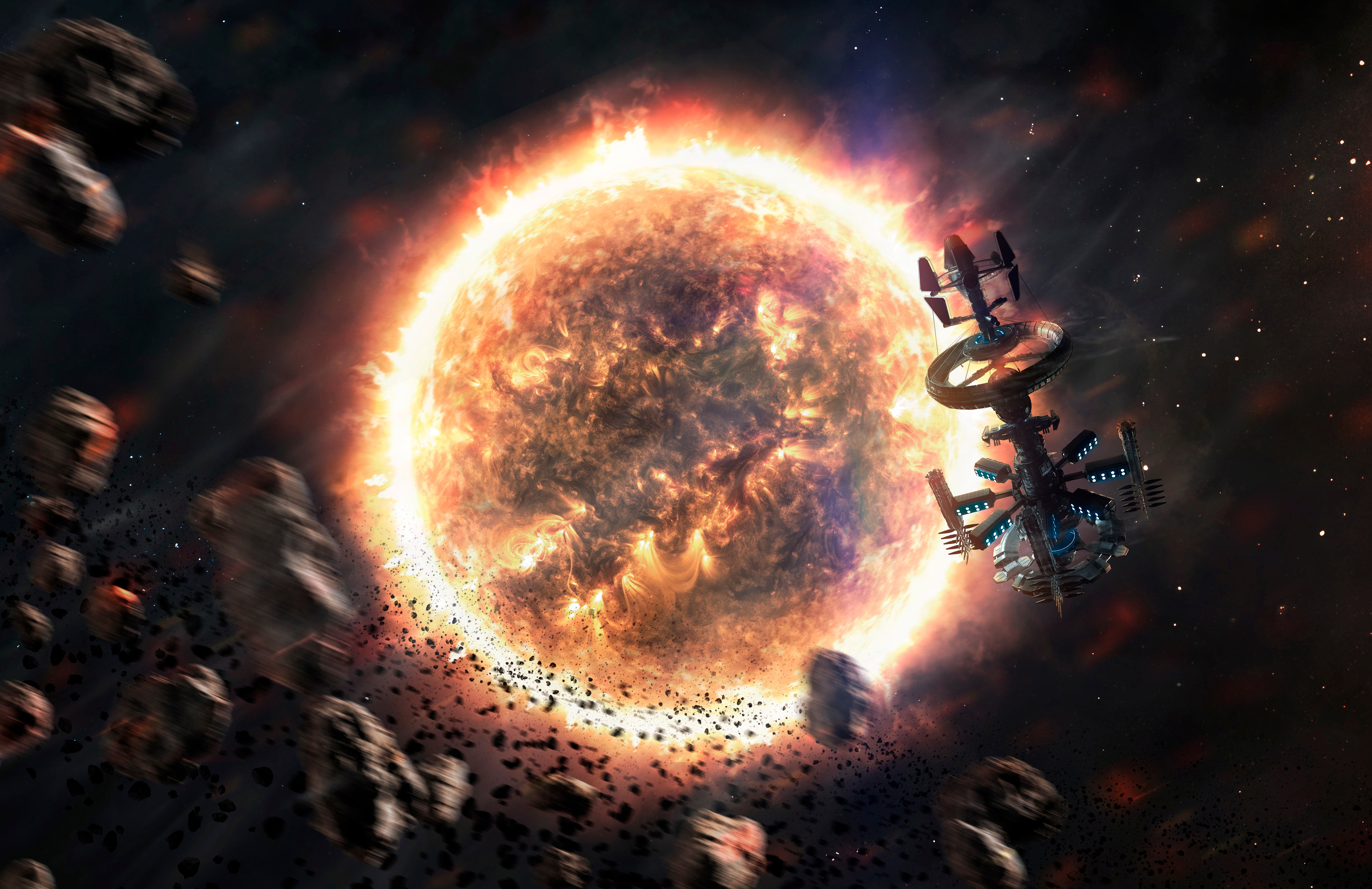 General 3840x2489 science fiction space Sun suns stars Orbital Stations asteroid asteroid belt red orange blue dark black