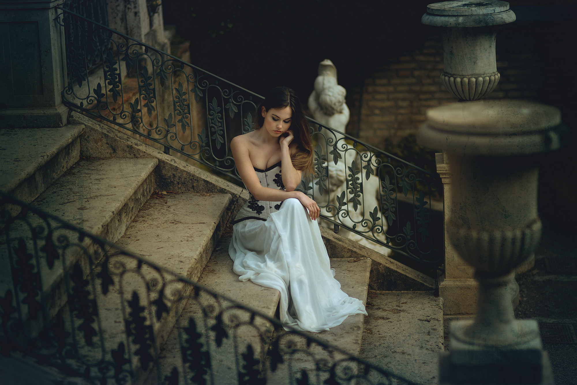 women, model, white dress, stairs, town | 2000x1335 Wallpaper ...