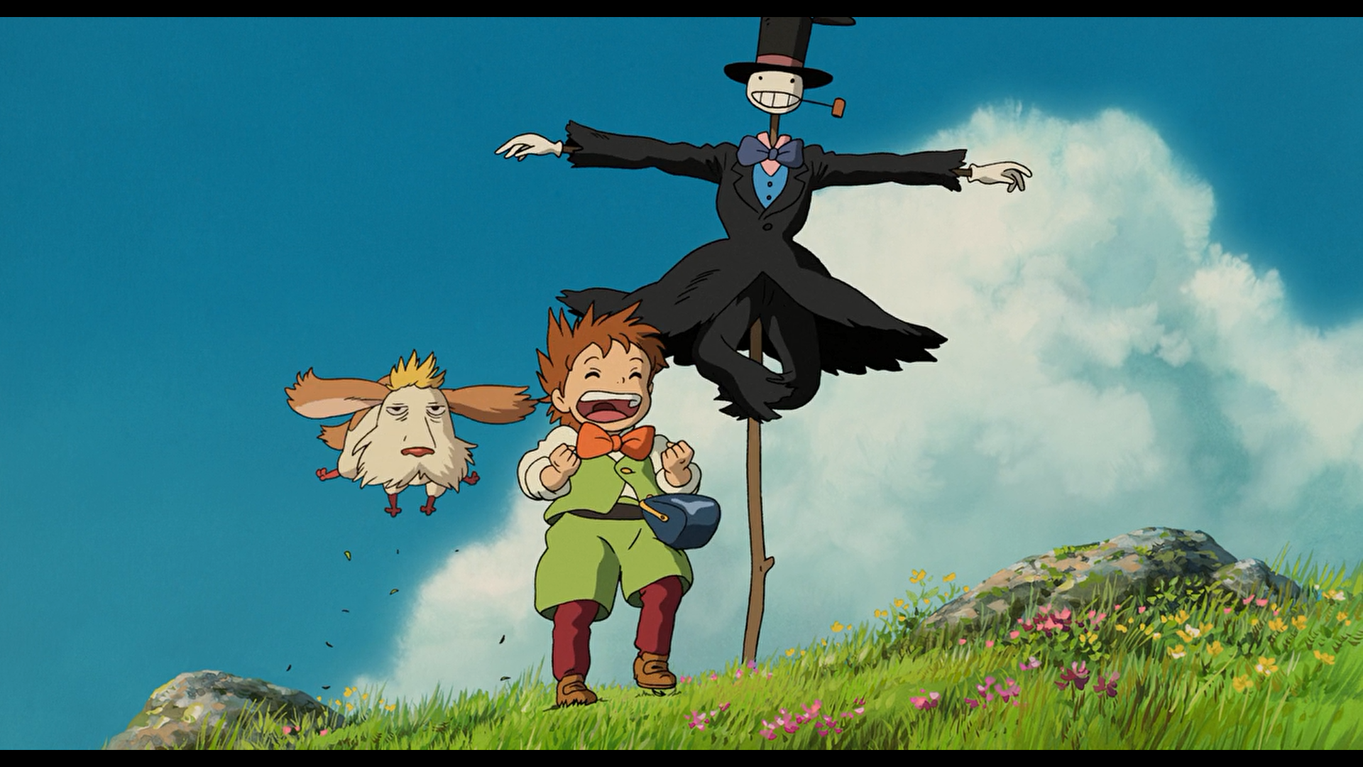 Anime 1920x1080 Howl's Moving Castle Miyazaki Hayao clear sky grass rocks smiling open mouth dog anime anime girls anime screenshot