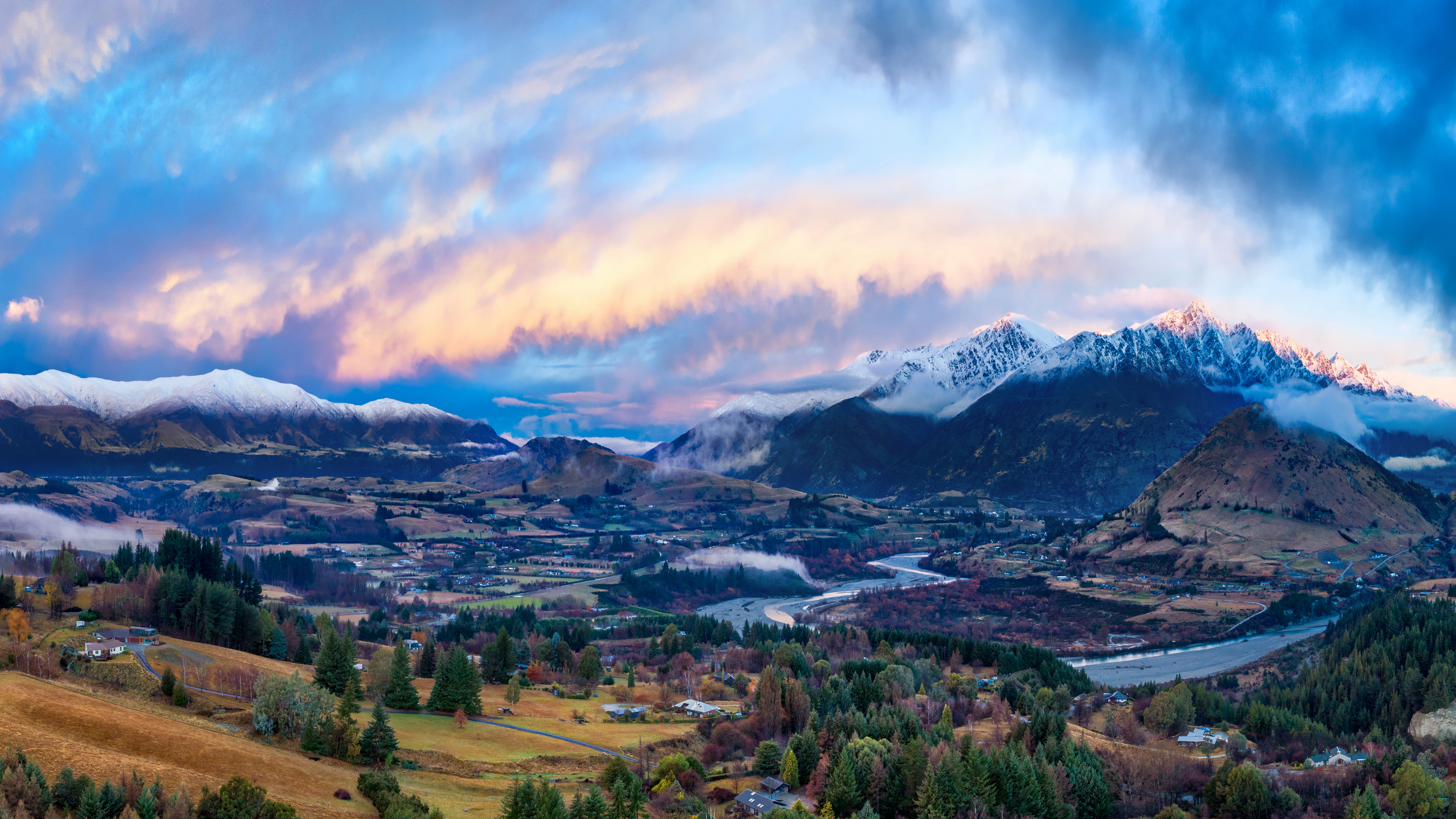 General 3840x2160 landscape 4K New Zealand nature mountains snow clouds sunset glow trees