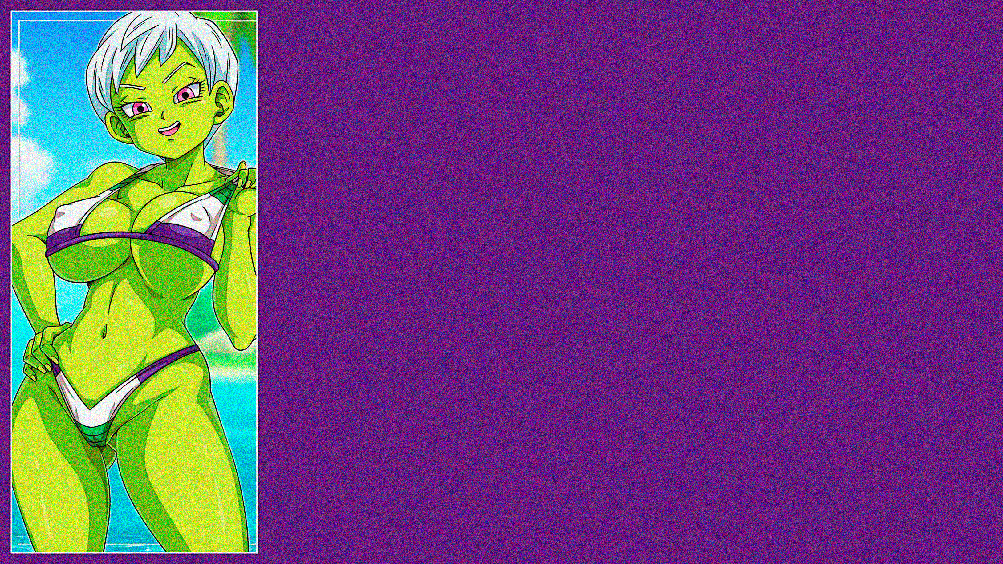 Anime 3256x1832 anime anime girls Dragon Ball Dragon Ball Z Dragon Ball Super ecchi boobs big boobs huge breasts thighs bikini short hair white hair pink eyes green skin yellow nails Cheelai palm trees