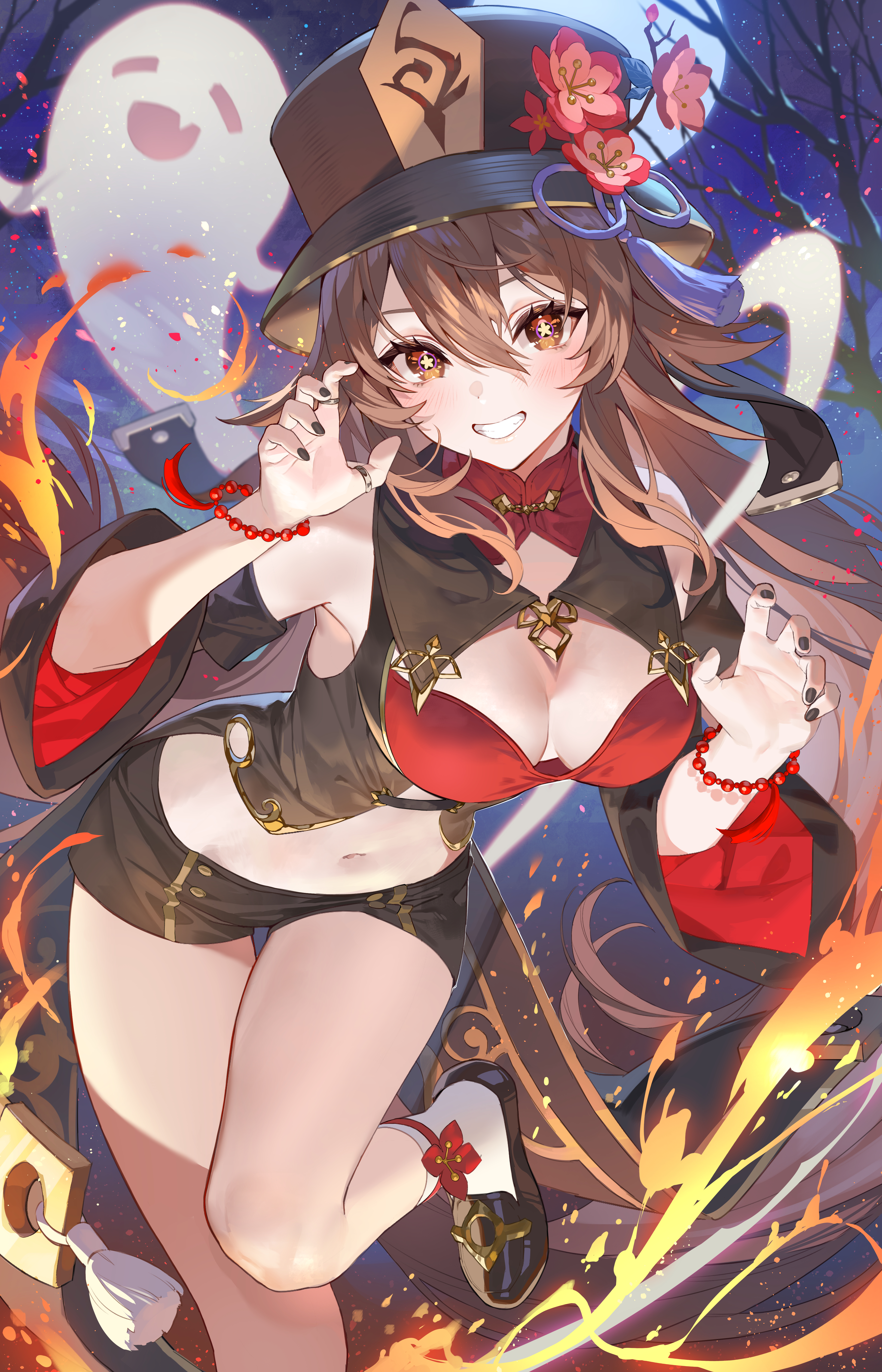 Anime 3817x5941 Genshin Impact artwork Hu Tao (Genshin Impact) anime anime girls brunette twintails symbol-shaped pupils unusual pupils cleavage big boobs belly button belly Teffish hat