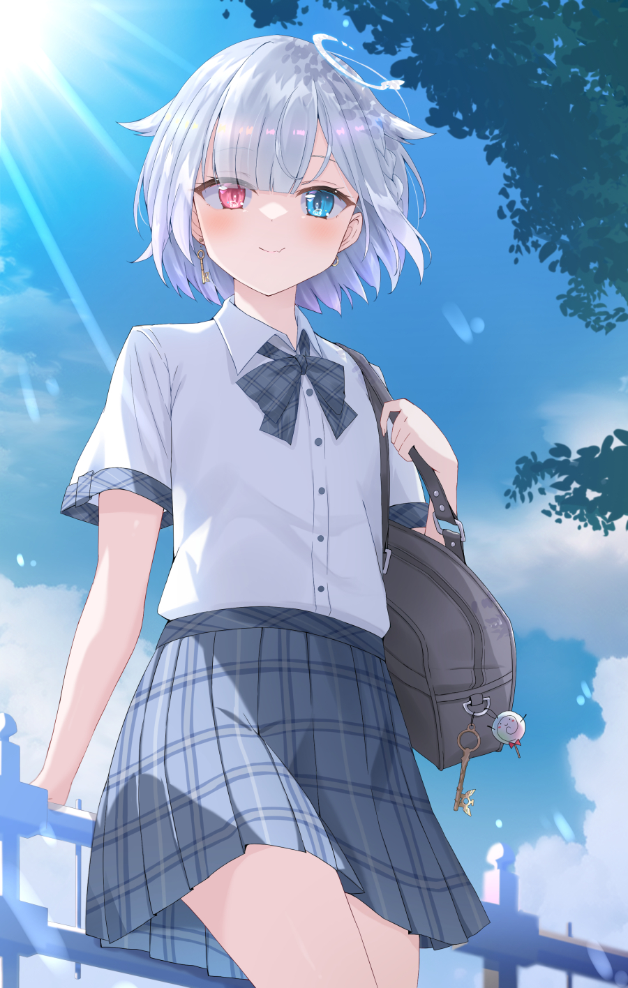 Anime 900x1416 Virtual Youtuber anime girls heterochromia schoolgirl school uniform bow tie sunlight bag Vshojo Amemiya Nazuna