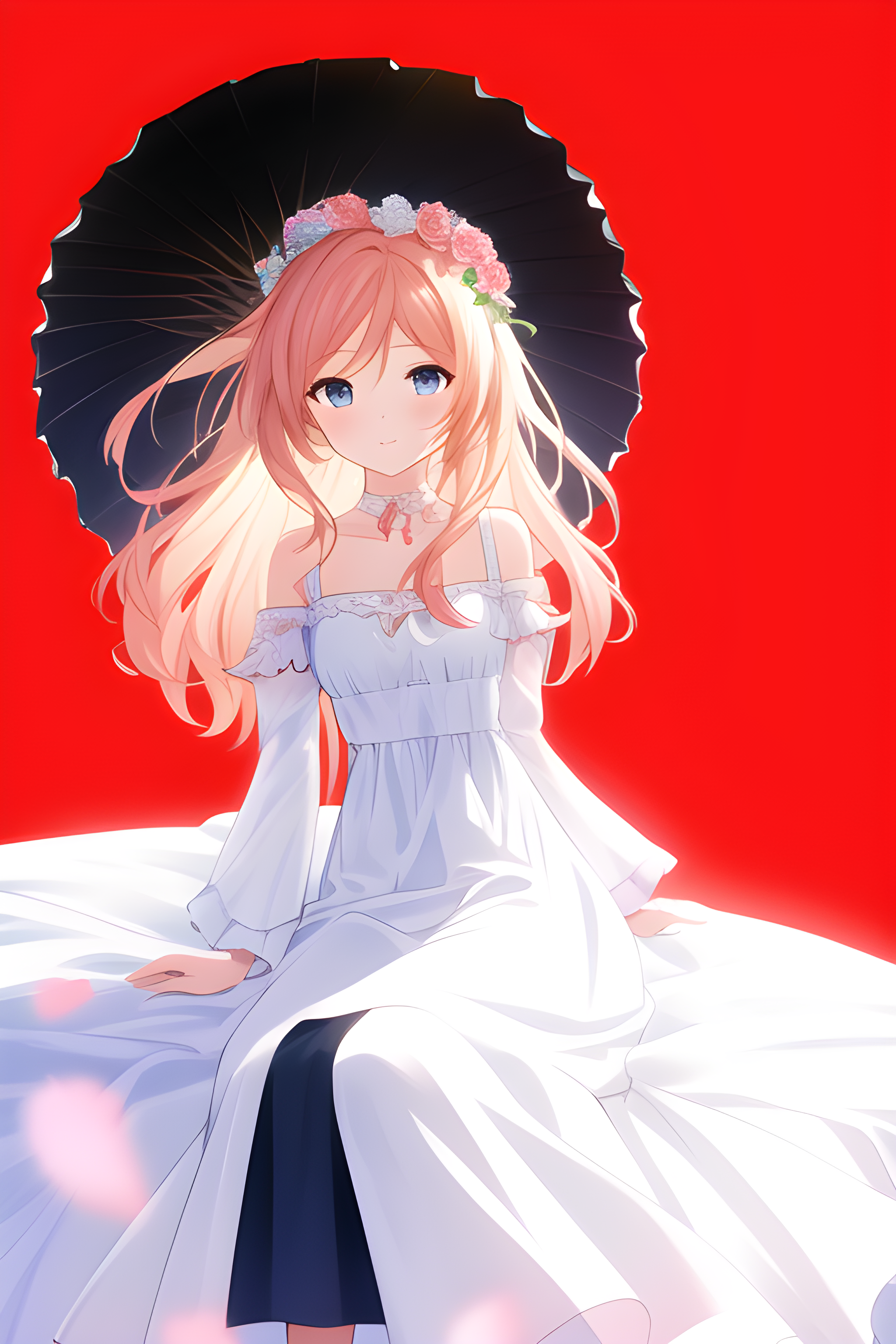 Anime 2048x3072 anime girls pink hair white dress big  eyes petals flower in hair dress