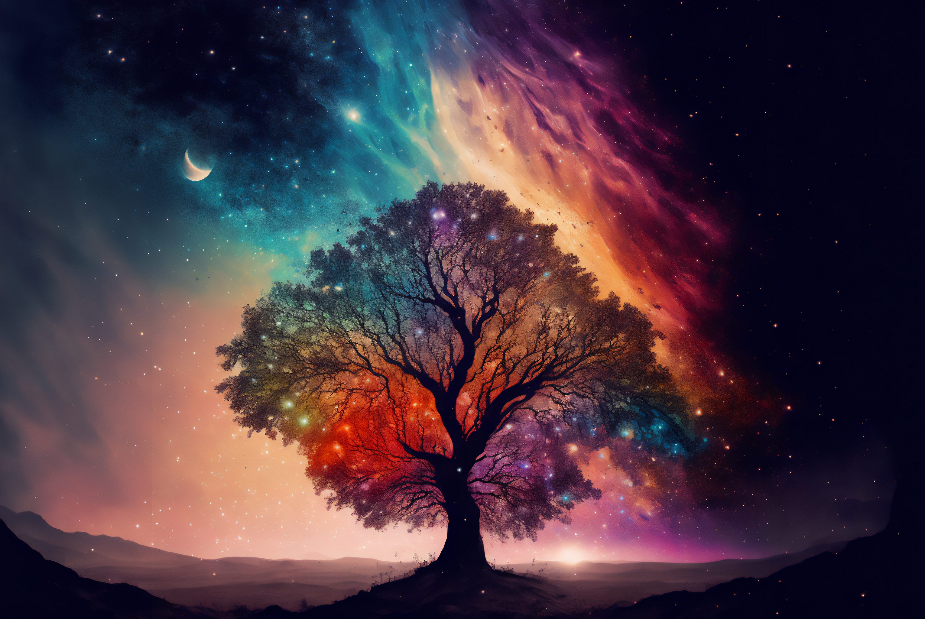 General 3060x2048 AI art illustration trees Color Burst night stars sky colorful