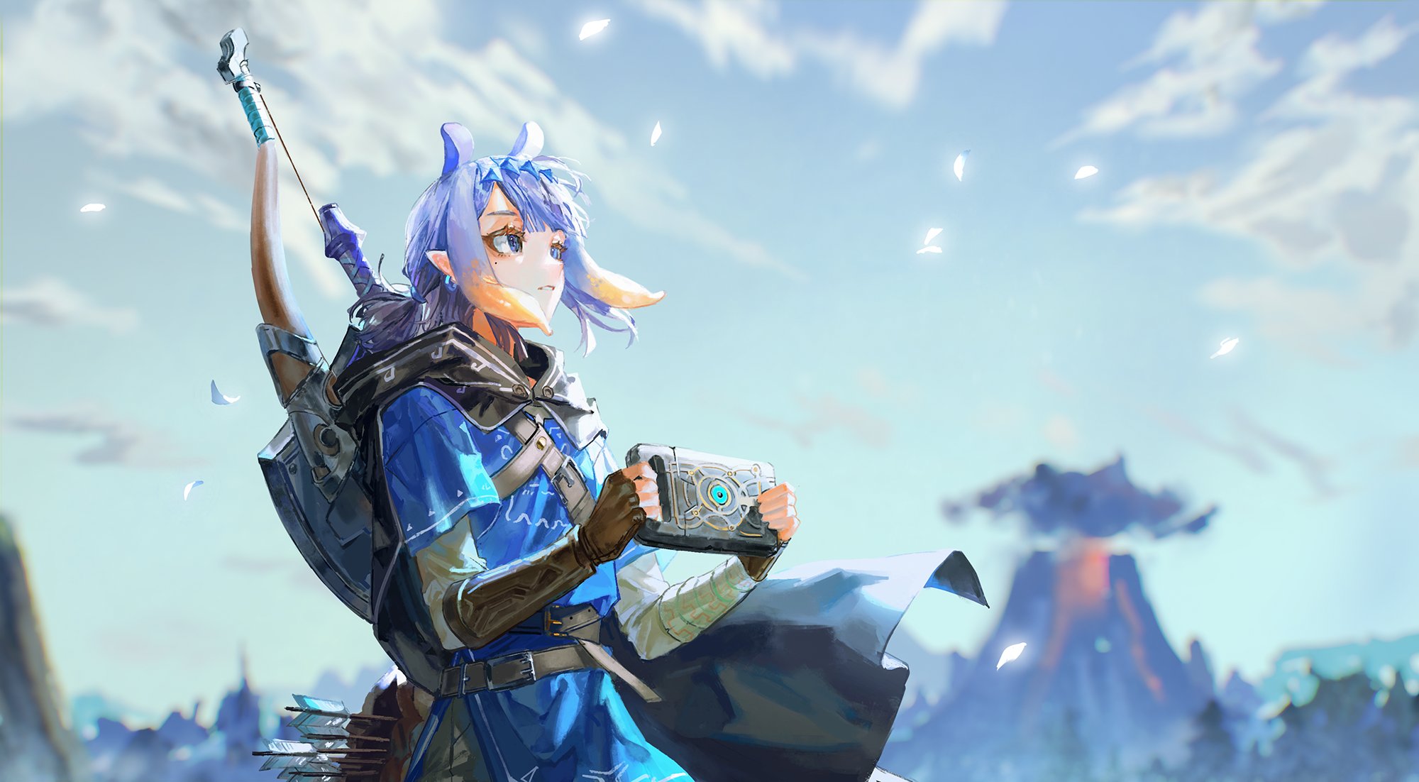 Anime 2000x1102 Hololive Hololive English Ninomae Ina'nis Zelda Breath of the Wild bow sword shield arrows pointy ears anime girls crossover quasarcake