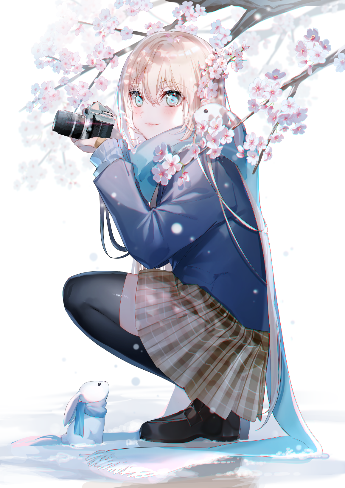 Anime 1158x1637 original characters rabbits anime girls camera flowers blue eyes blonde scarf skirt stockings