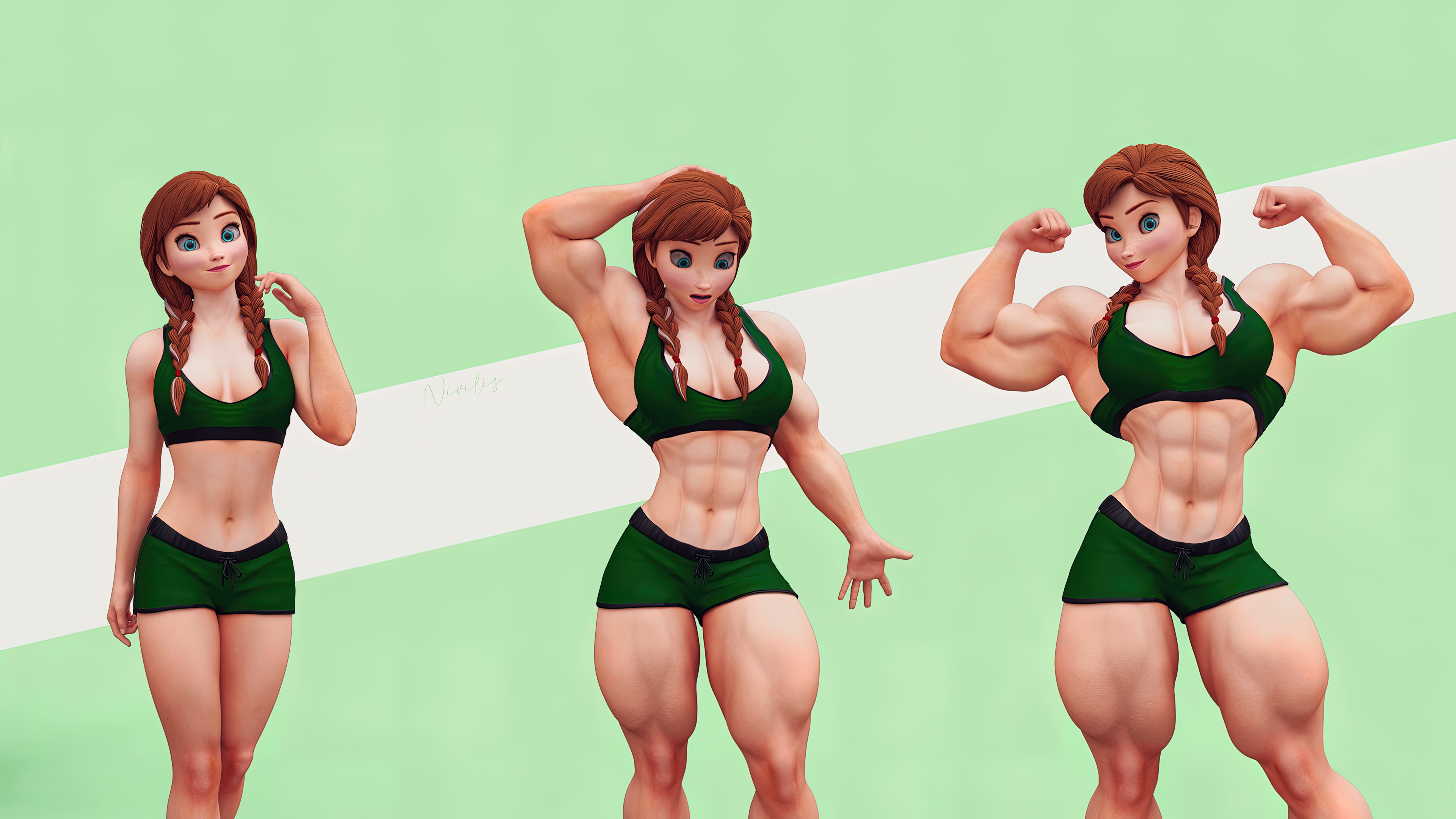 General 3840x2160 strong woman simple background biceps artwork toned female anime girls muscular muscles sports bra shorts braids Princess Anna