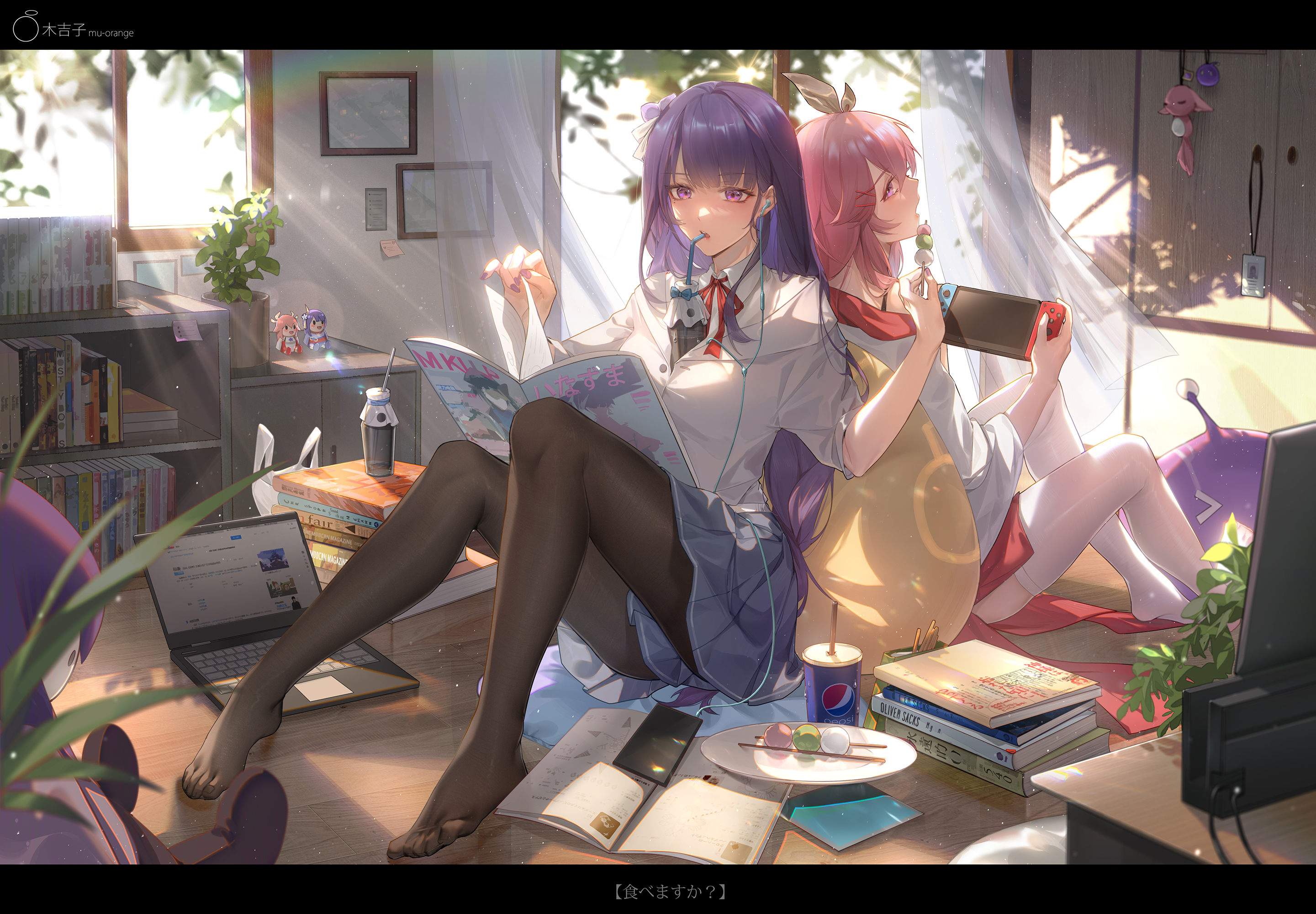 Anime 2881x2000 purple eyes Mujizi sunlight white stockings anime girls eating drink anime anime girls