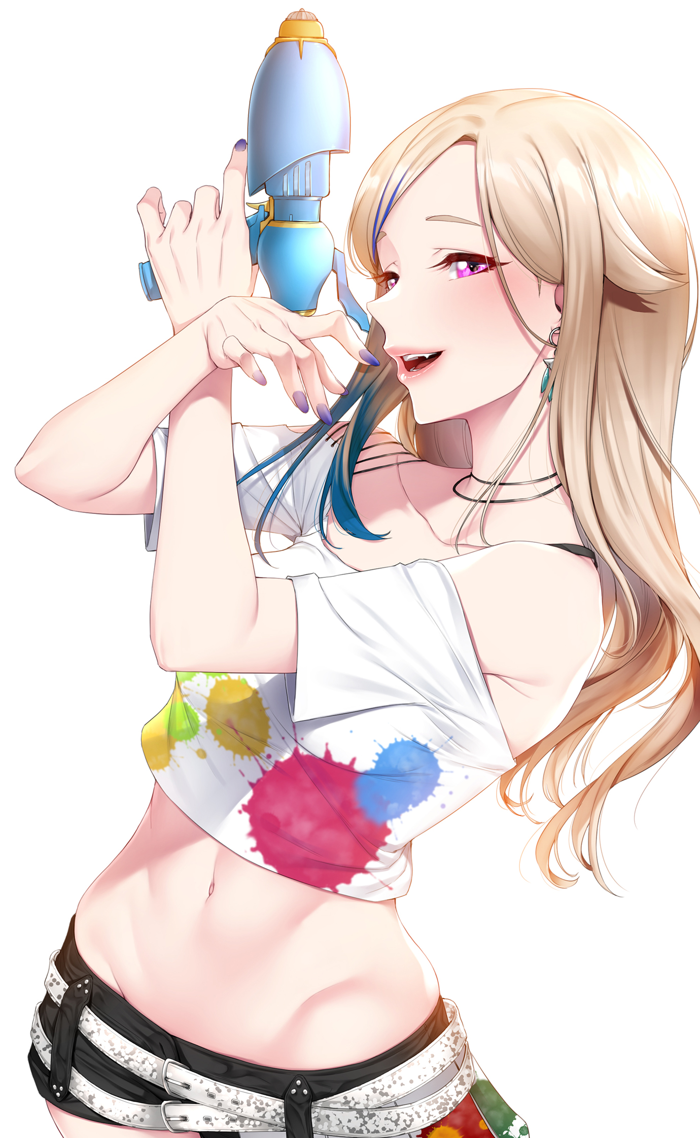 Anime 1380x2243 anime girls blonde belly shorts water guns purple eyes artwork Akchu