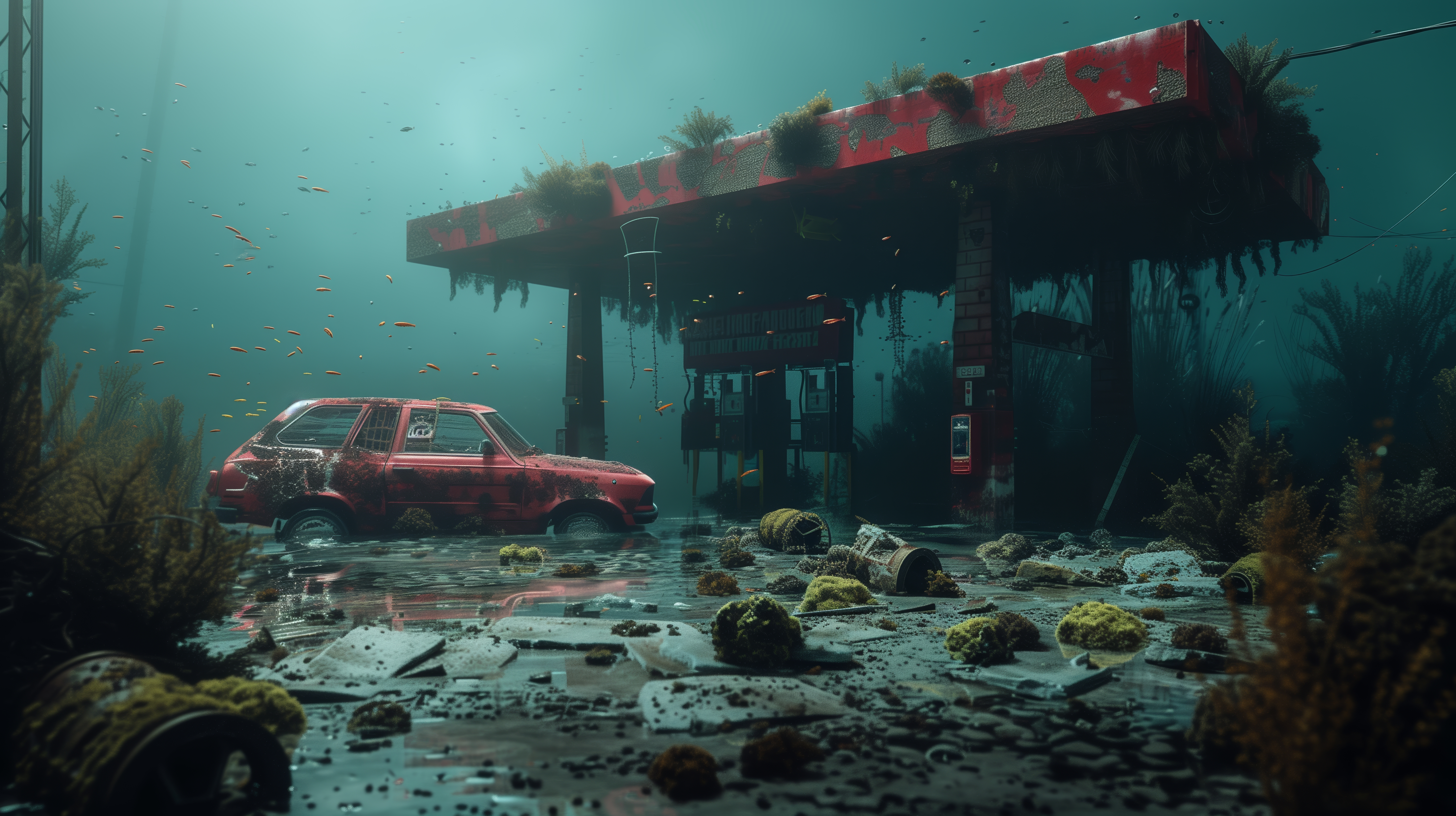 General 5824x3264 AI art underwater gas station water in water vehicle car submerged reflection fish