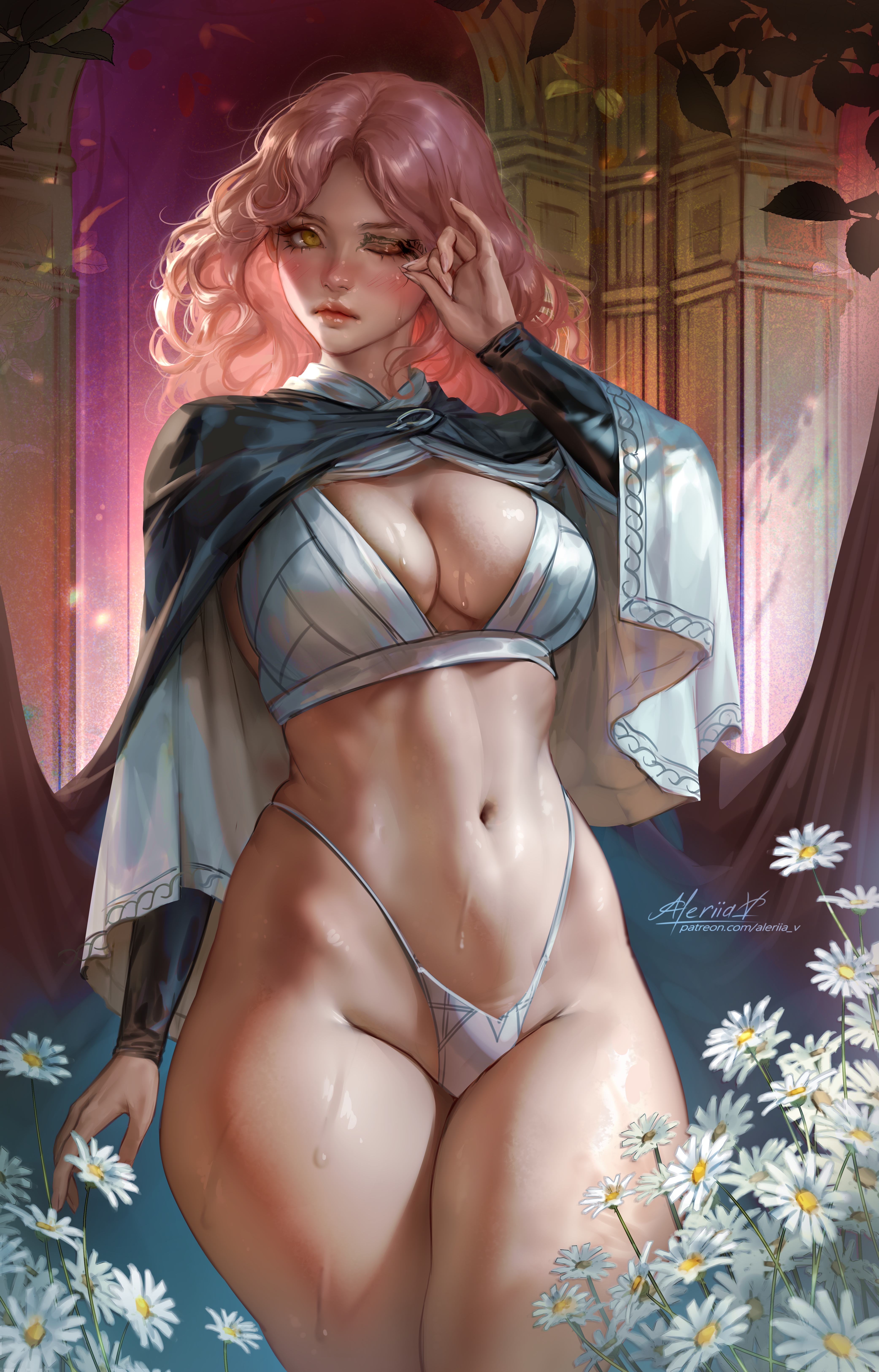 General 4166x6500 Melina (Elden Ring) Elden Ring video games video game girls artwork drawing fan art Lera Pi cleavage belly button frontal view shaved pubic hair thighs thighs together flowers watermarked standing one eye closed blushing long hair portrait display looking at viewer skinny