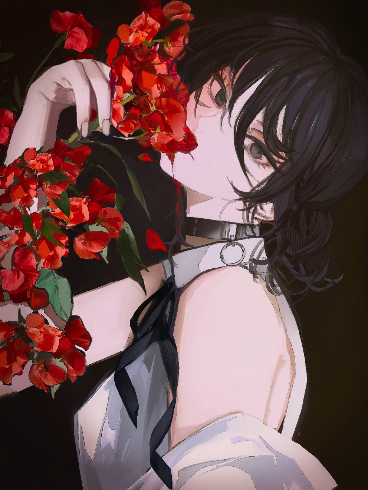 Anime 1536x2048 John Kafka anime anime girls Chainsaw Man Reze (Chainsaw Man) blood looking at viewer flowers leaves portrait display bare shoulders short hair choker hair between eyes closed mouth black hair sleeveless off shoulder