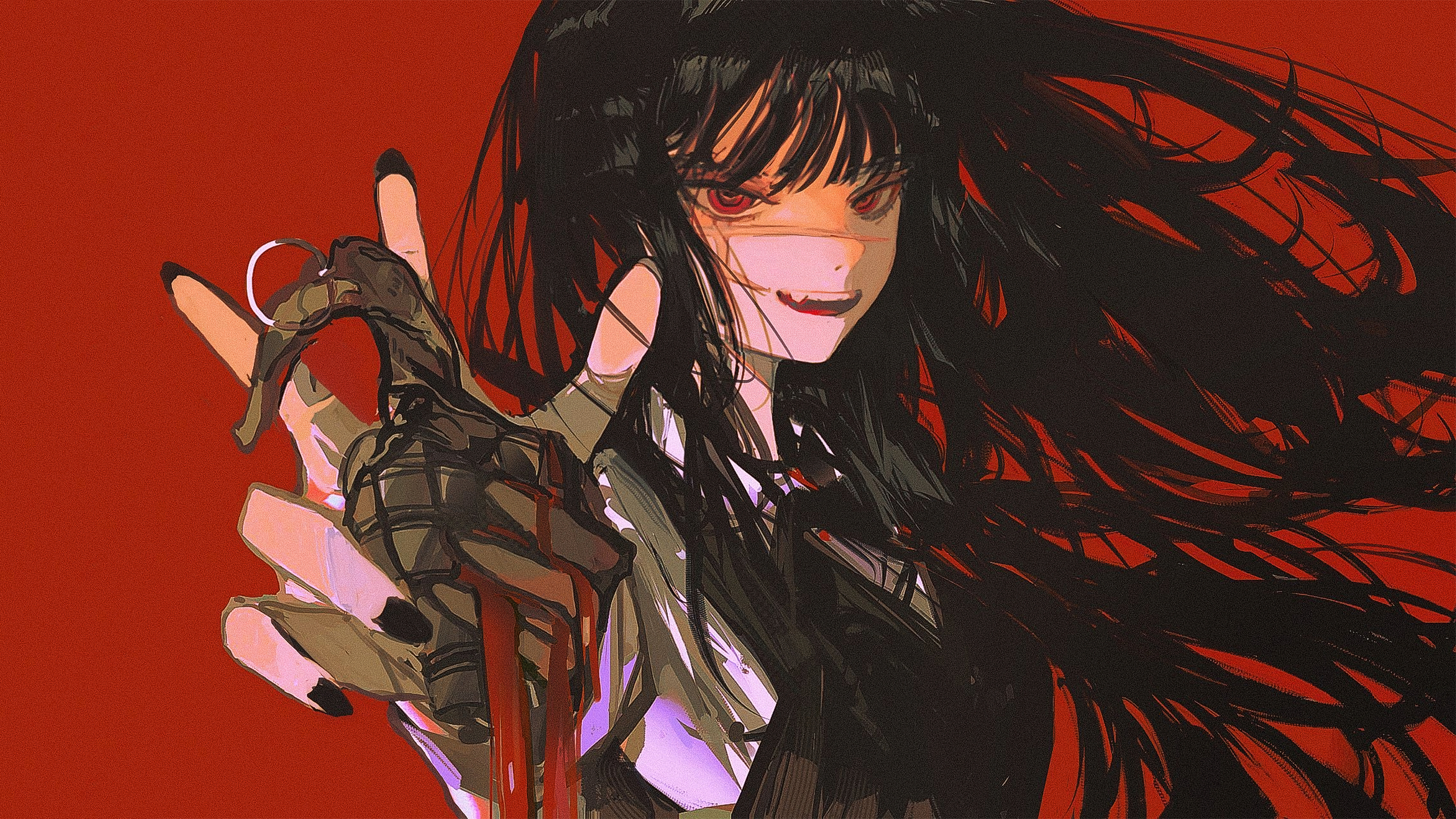 Anime 2560x1440 John Kafka anime anime girls Chainsaw Man Mitaka Asa (Chainsaw Man) long hair parted lips black hair red background grenades red eyes painted nails black nails blood long sleeves scars looking at viewer smiling