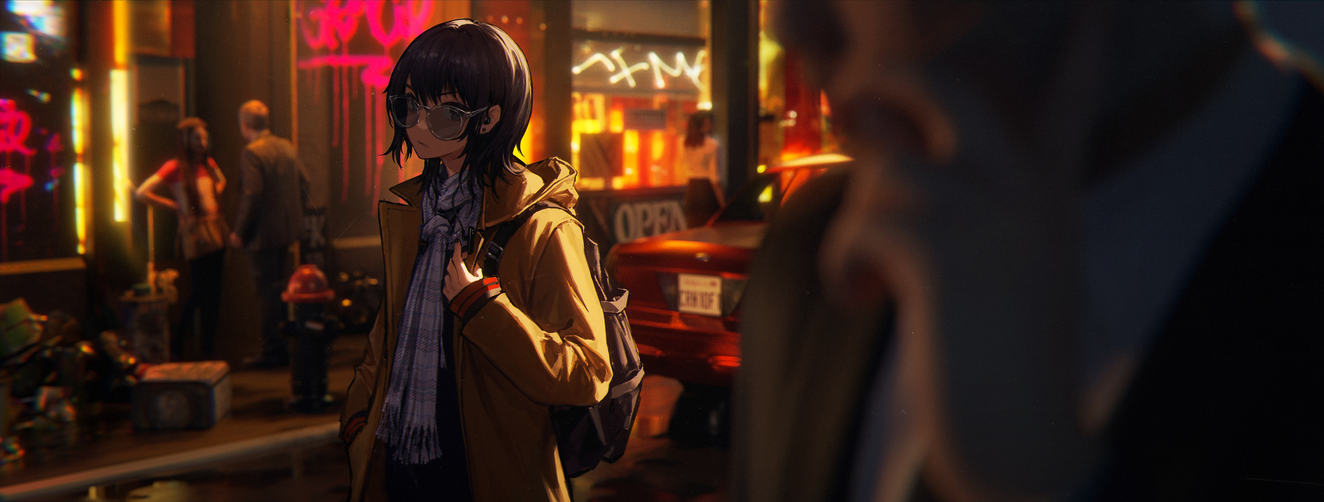 Anime 4396x1667 Wang Xi anime girls anime looking at viewer standing backpacks glasses women with glasses short hair black hair depth of field licence plates long sleeves vehicle blurred blurry background brown coat coats outdoors women outdoors scarf white scarf building neon city