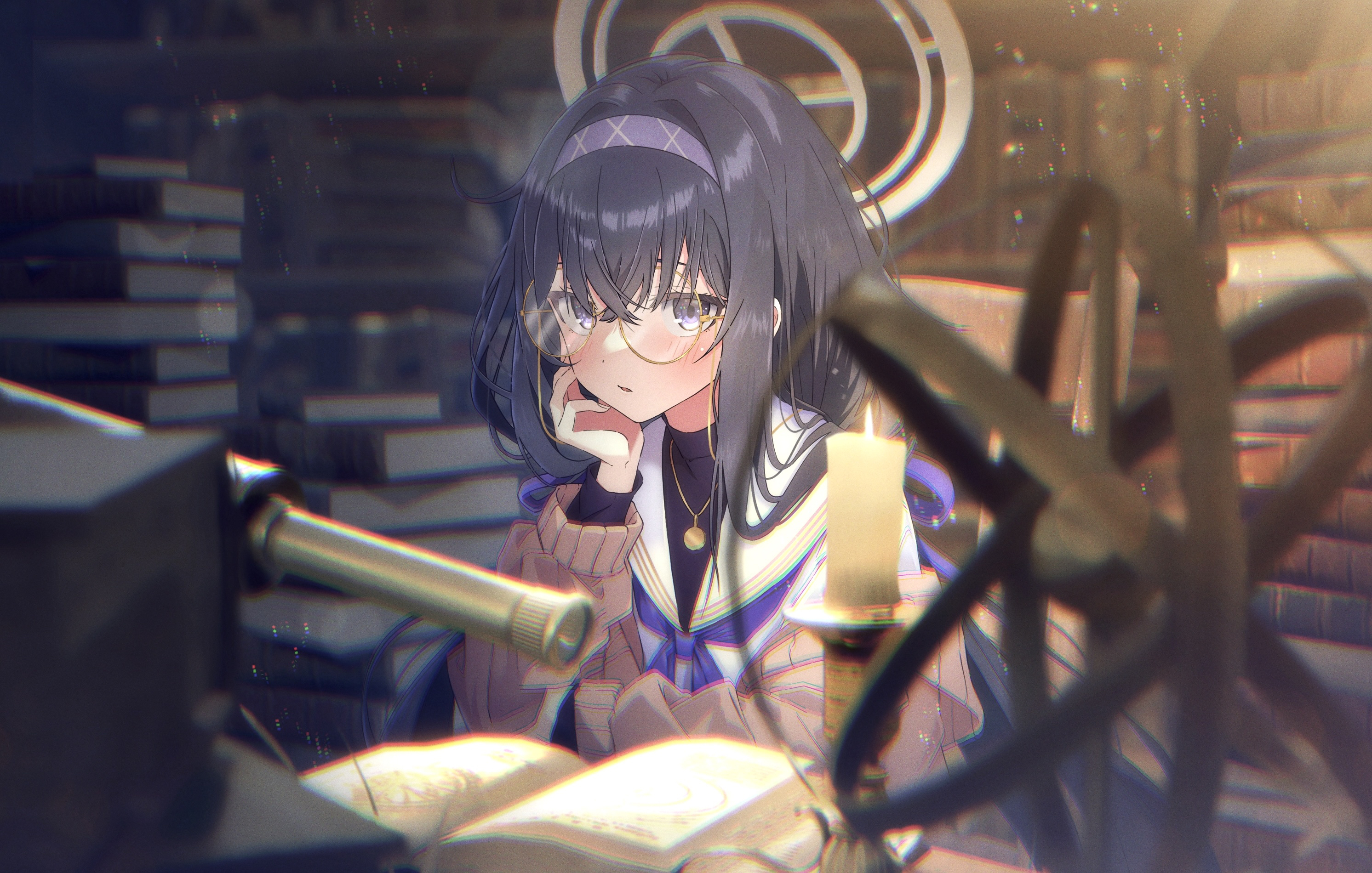 Anime 2984x1900 Blue Archive glasses headband Ui (Blue Archive) women with glasses books looking at viewer anime anime girls long hair blushing touching face lights drawdream1025 neckerchief candles hair between eyes sitting library telescope cardigan purple eyes dark hair bookshelves
