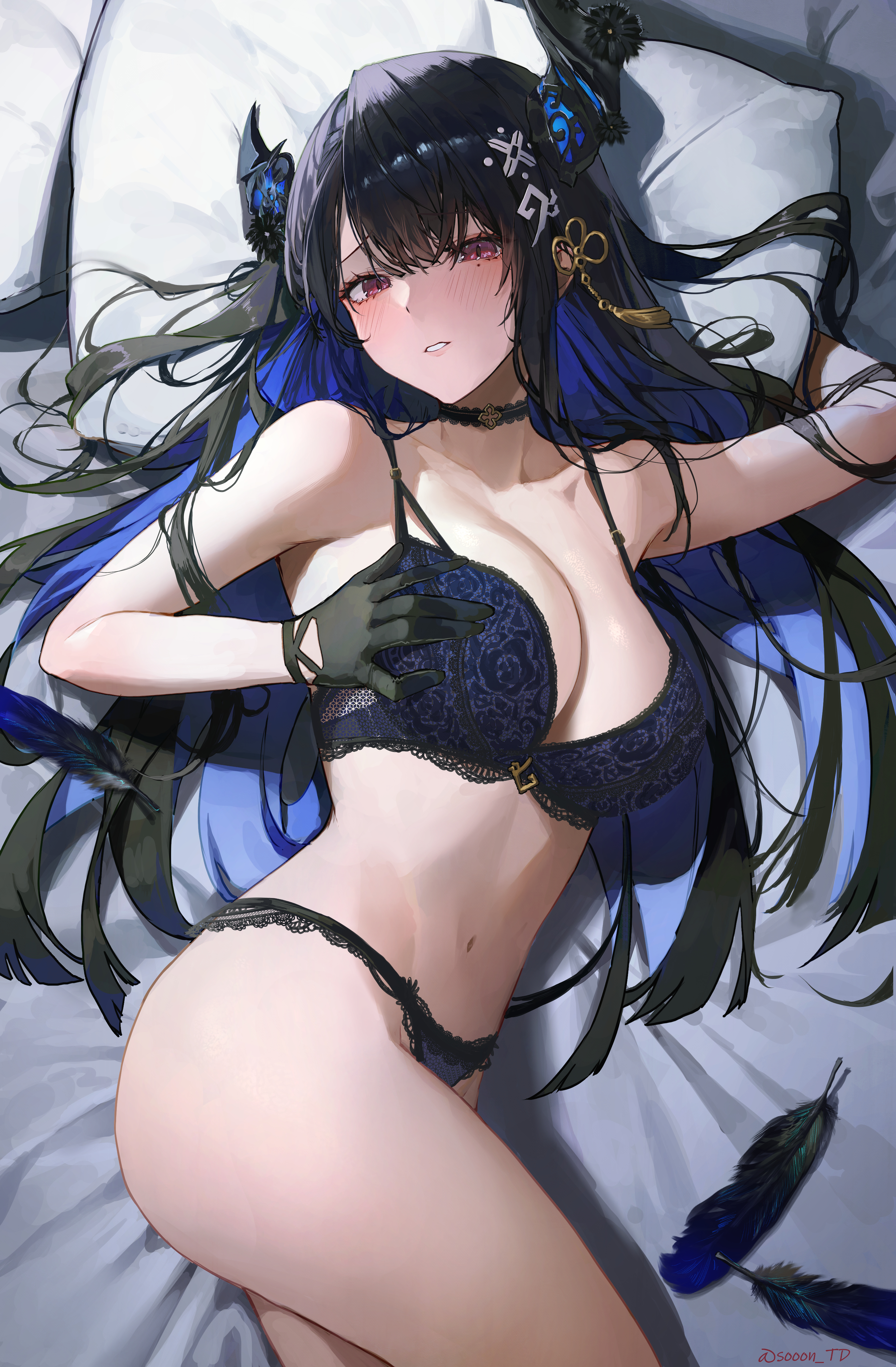 Anime 2928x4465 anime anime girls Virtual Youtuber Hololive Nerissa Ravencroft gloves lying down lying on side in bed feathers bra blue bra panties two tone hair red eyes moles mole under eye cleavage Sooon TD belly belly button blushing horns long hair pillow portrait display