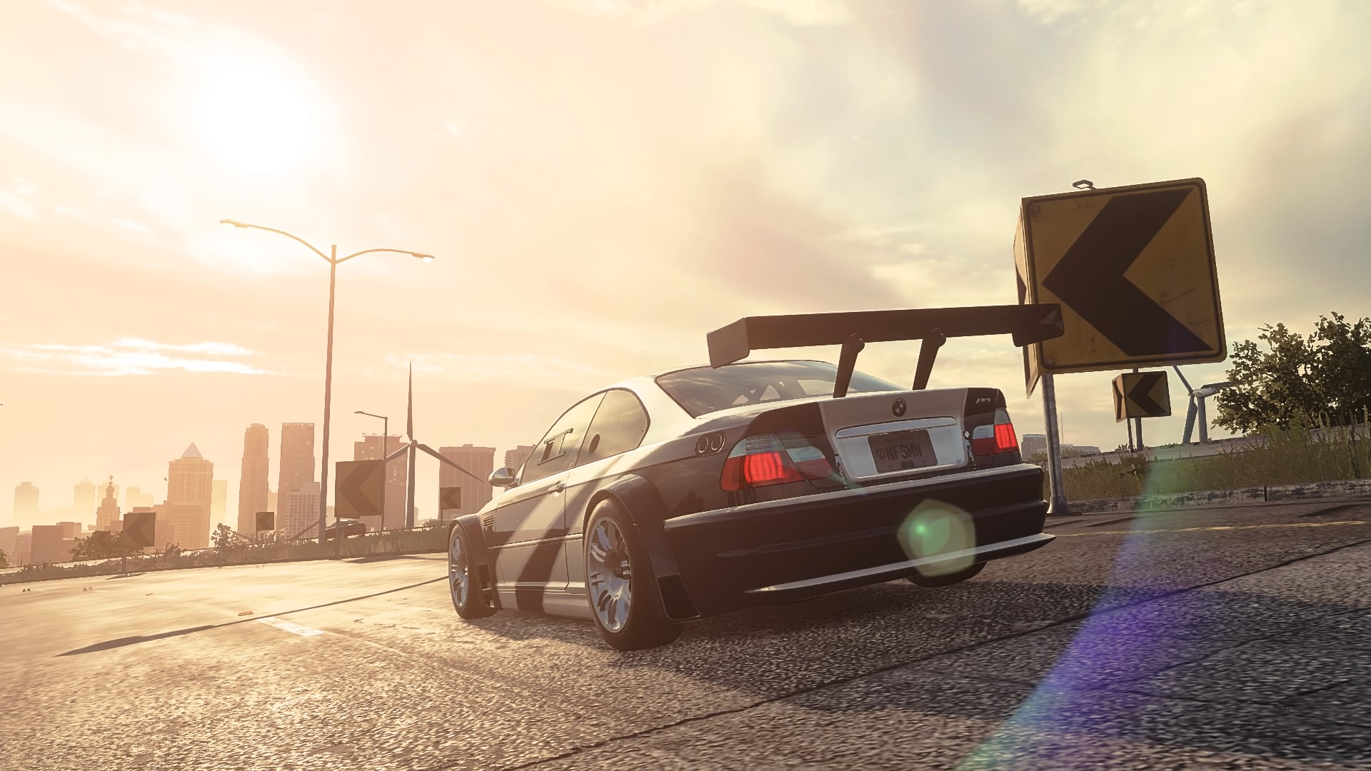 General 1920x1080 car Need for Speed: Heat Need for Speed: Most Wanted BMW M3 GTR windmill sunlight PlayStation 4 rear view taillights video game art screen shot arrow (design) clouds video games vehicle sky building CGI skyscraper licence plates