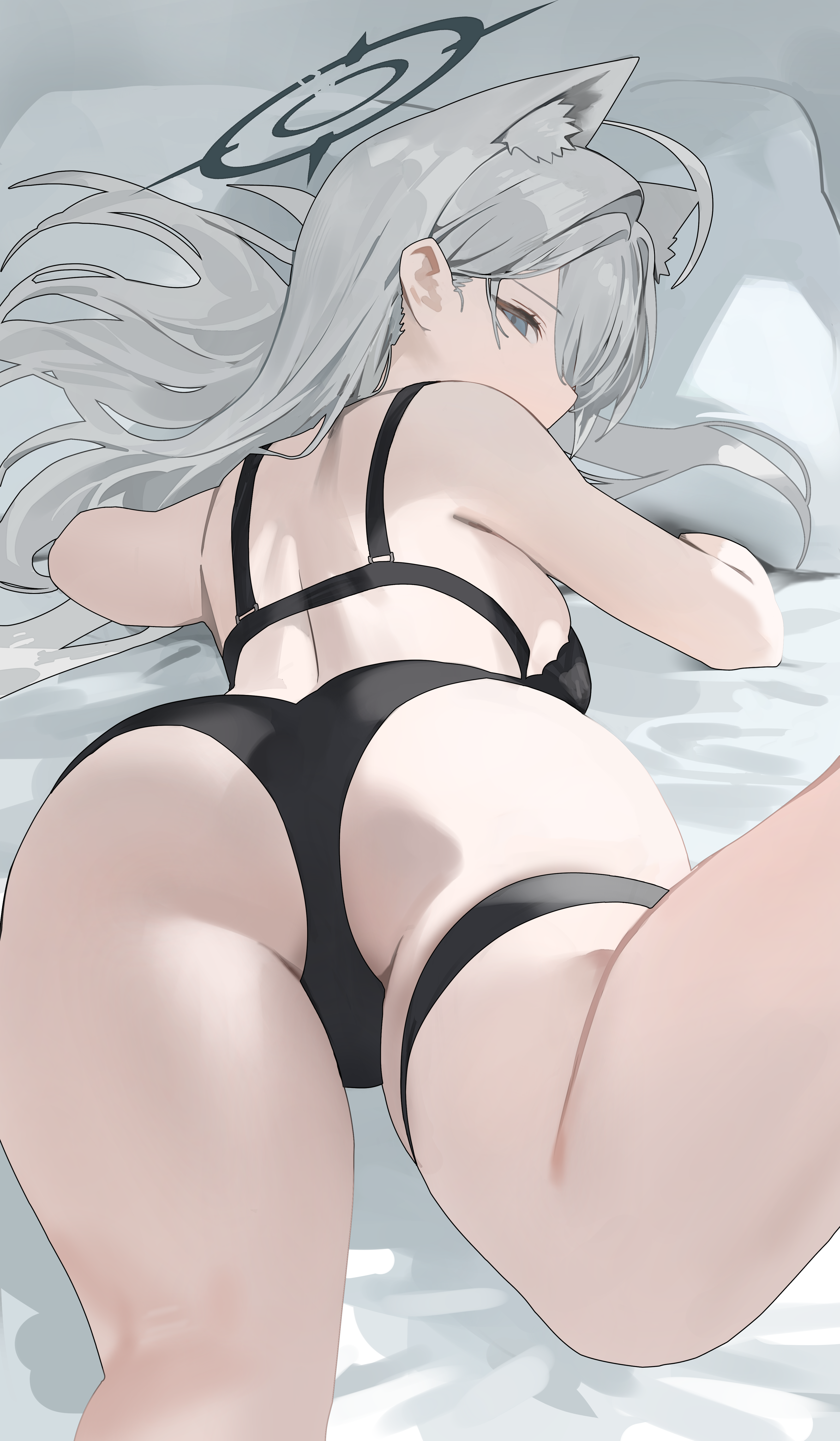 Anime 3500x6000 anime anime girls artwork drawing Shiroko (Blue Archive) Blue Archive video games underwear fantasy girl HoodK ass fan art portrait display long hair looking over shoulder bed looking back pillow looking at viewer in bed rear view leg ring black underwear fox girl fox ears silver hair blue eyes