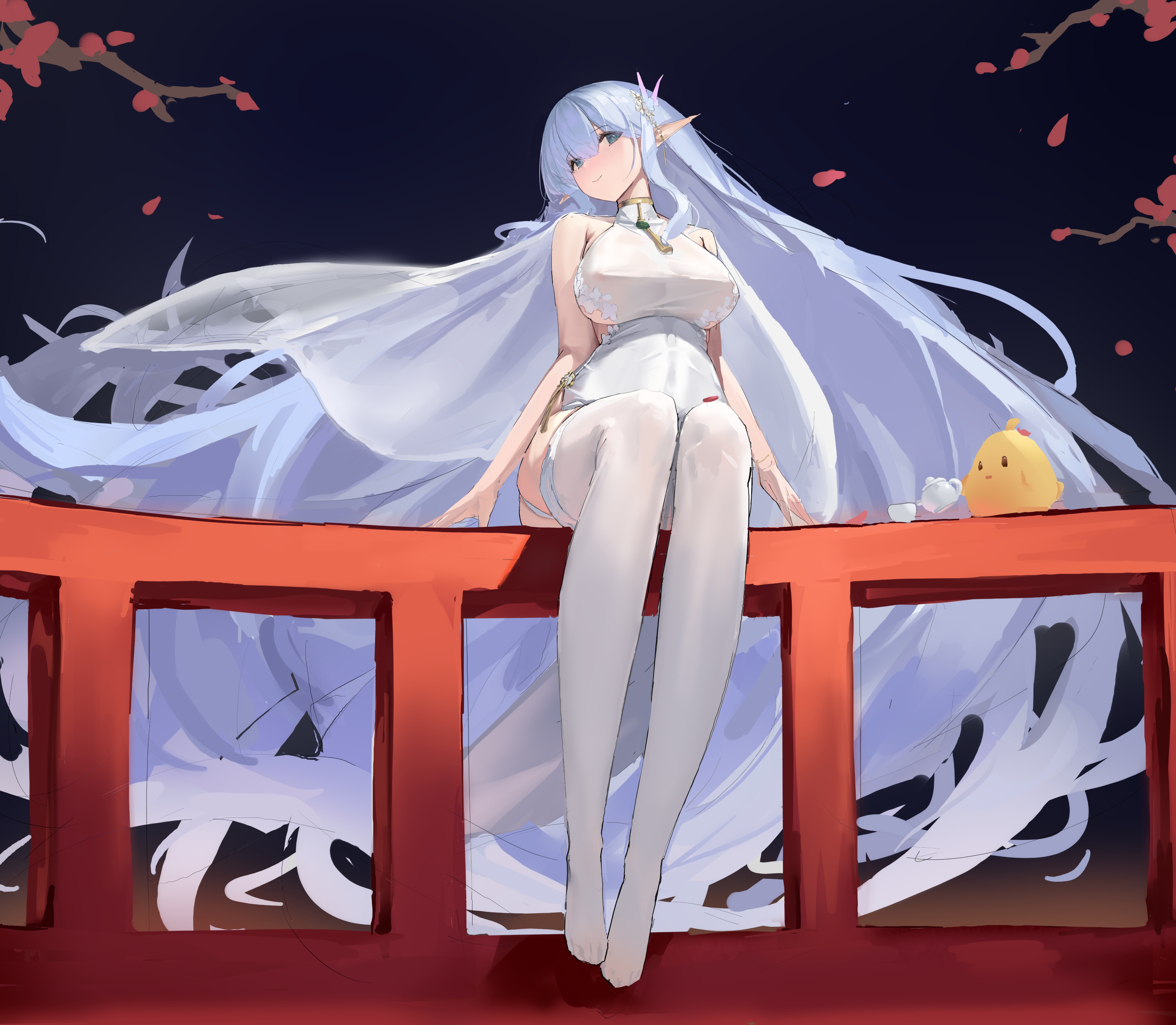 Anime 5000x4357 Azur Lane pointy ears Albion (Azur Lane) dress Manjuu (Azur Lane) cup huge breasts white hair see-through dress petals stockings white stockings looking at viewer sitting garter straps blue hair cherry blossom railing long hair hair ornament Lump Saury head tilt teapot women outdoors hair blowing in the wind hair between eyes anime anime girls closed mouth