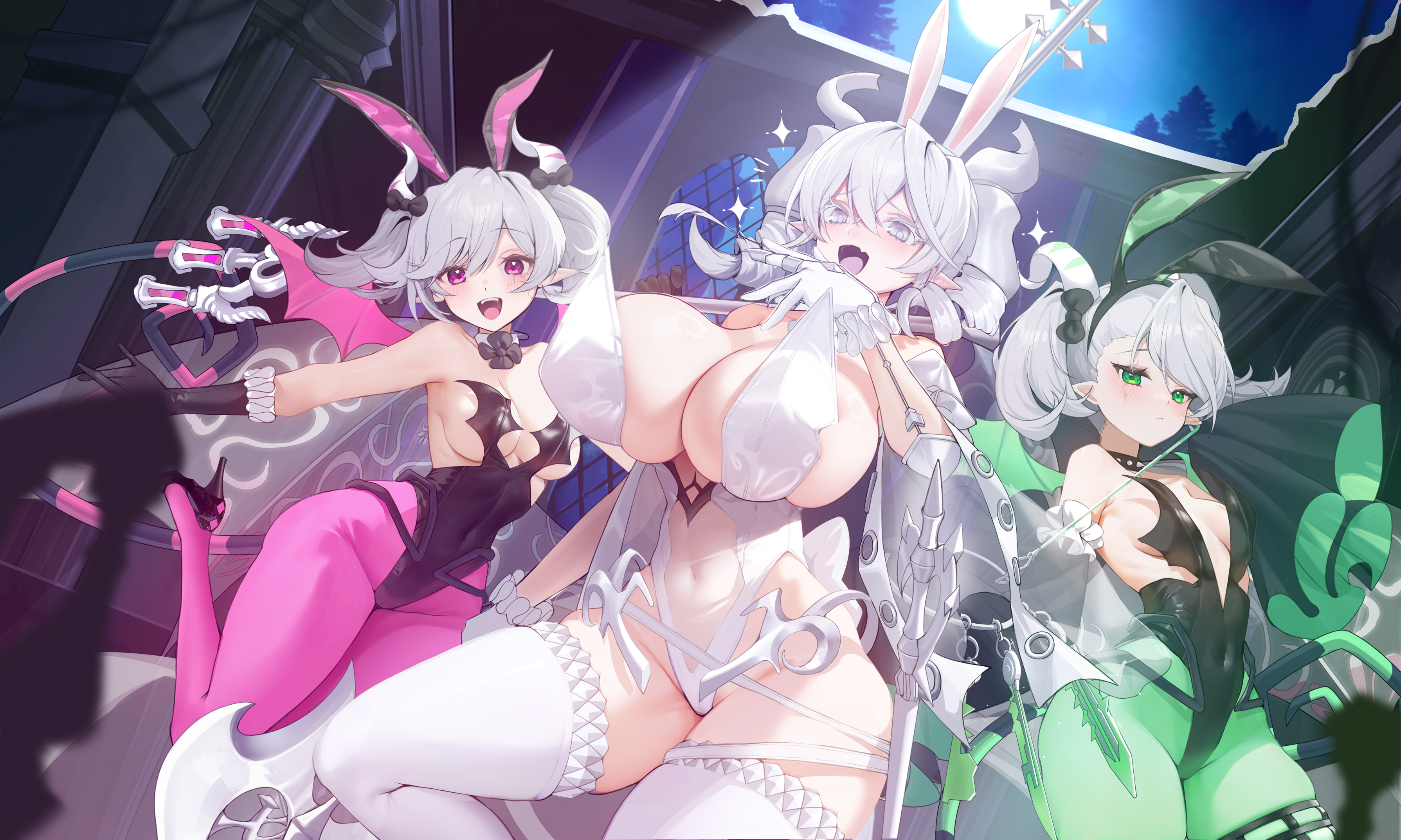 Anime 3580x2147 anime anime girls Yu-Gi-Oh! pointy ears Lovely Labrynth of the Silver Castle Ariane the Labrynth Servant Arianna the Labrynth Servant big boobs pantyhose twintails looking at viewer Moon moonlight stockings gloves choker Xiujia Yihuizi night hair between eyes open mouth closed mouth bunny suit bunny ears thick thigh huge breasts white gloves black gloves