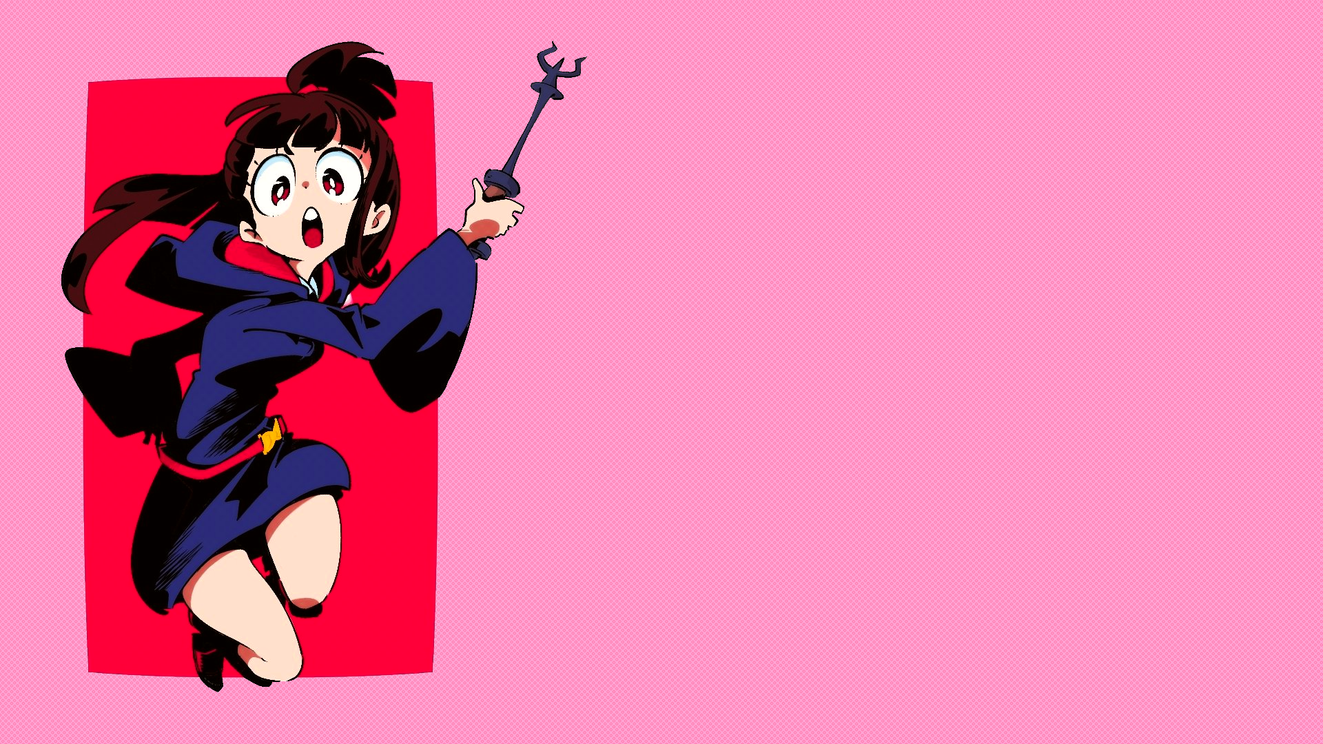 Anime 1920x1080 Little Witch Academia Luna Nova uniform witch robes wands bangs blunt bangs long hair ponytail thighs skirt wide sleeves long sleeves red eyes pink background open mouth anime girls teeth buck teeth shirt white shirt boots simple background brunette hoods belt sidelocks looking at viewer