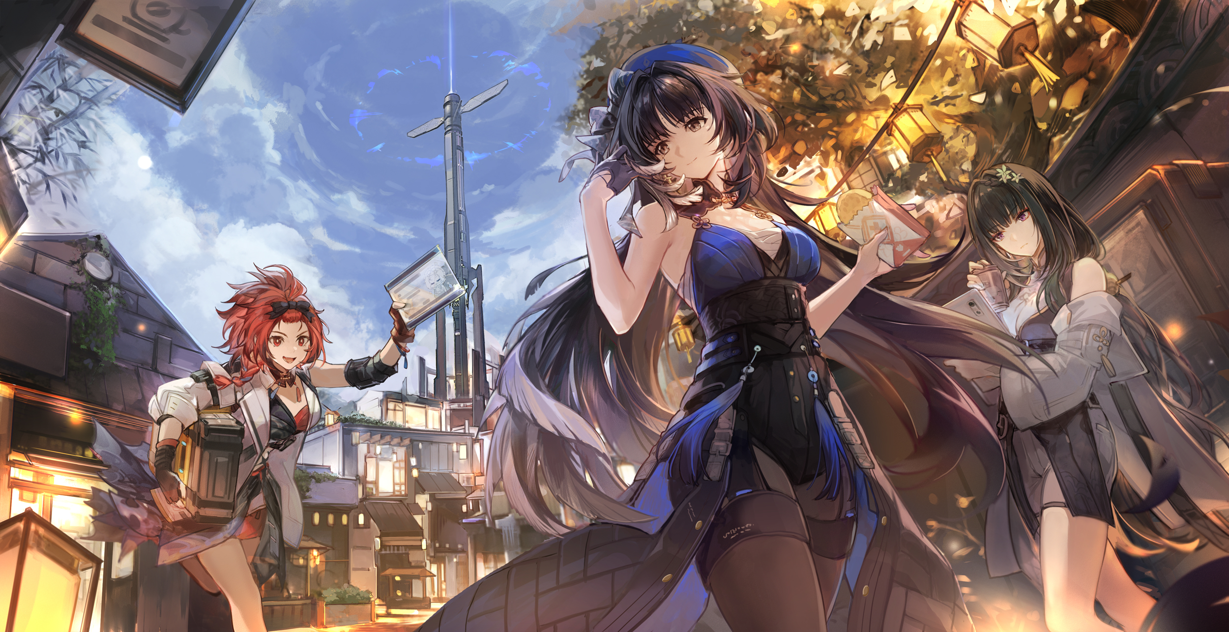 Anime 2500x1286 anime anime girls Pixiv black hair Yangyang (Wuthering Waves) Wuthering Waves Csyday Bailian (Wuthering Waves) Chixia (Wuthering Waves) long hair missing glove gloves clouds sky moles mole under eye video game girls standing running closed mouth table food cup hat women with hats