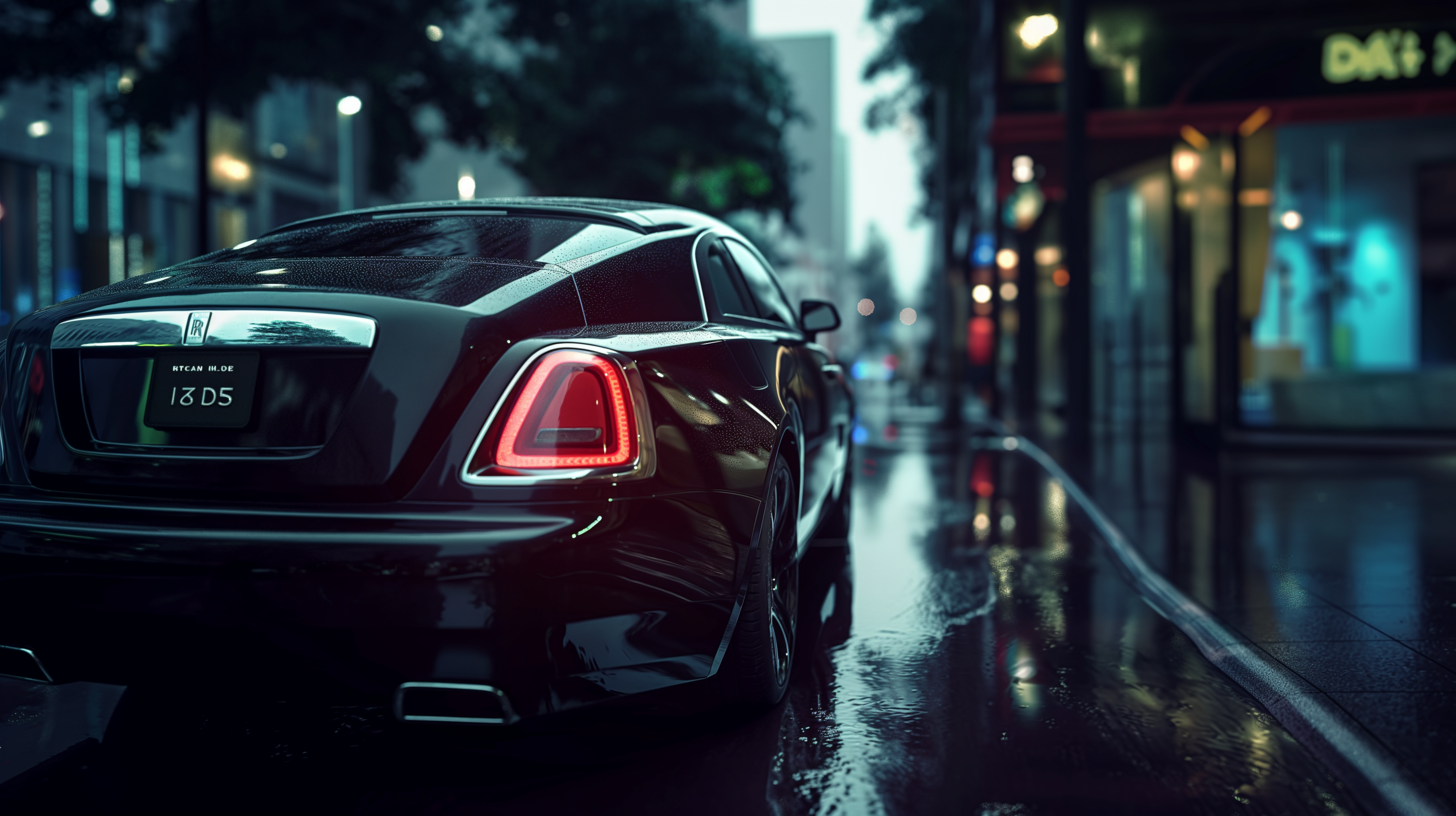 General 2912x1632 car Rolls Royce Wraith AI art cyberpunk rear view taillights vehicle depth of field trees building wet wet road licence plates reflection