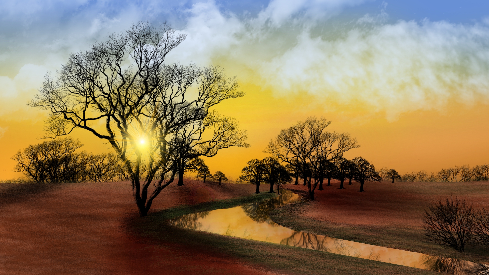 General 1920x1080 digital painting nature landscape sunlight natural light reflection water sky trees digital art